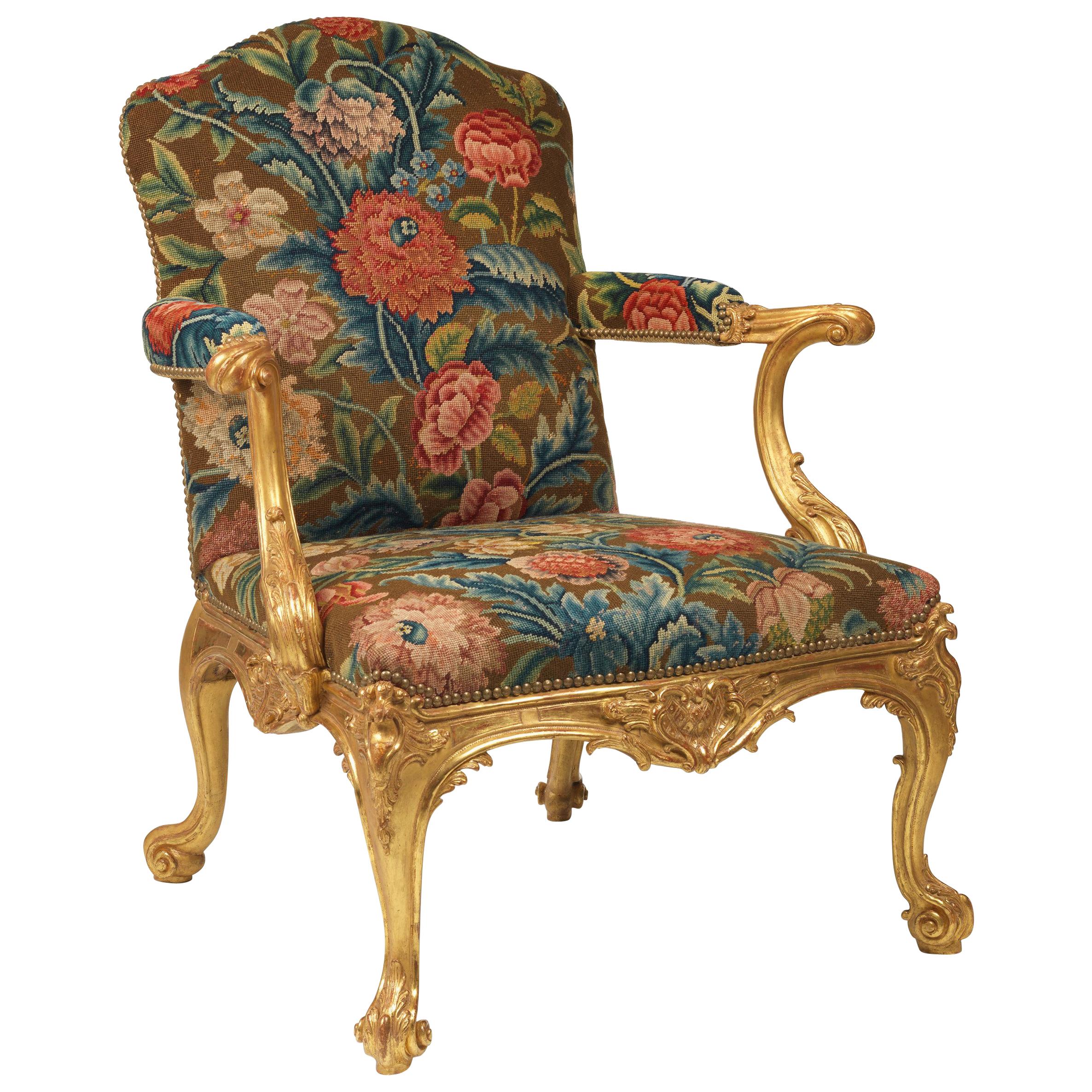 Important Pair of George II Giltwood Armchairs, circa 1755 For Sale