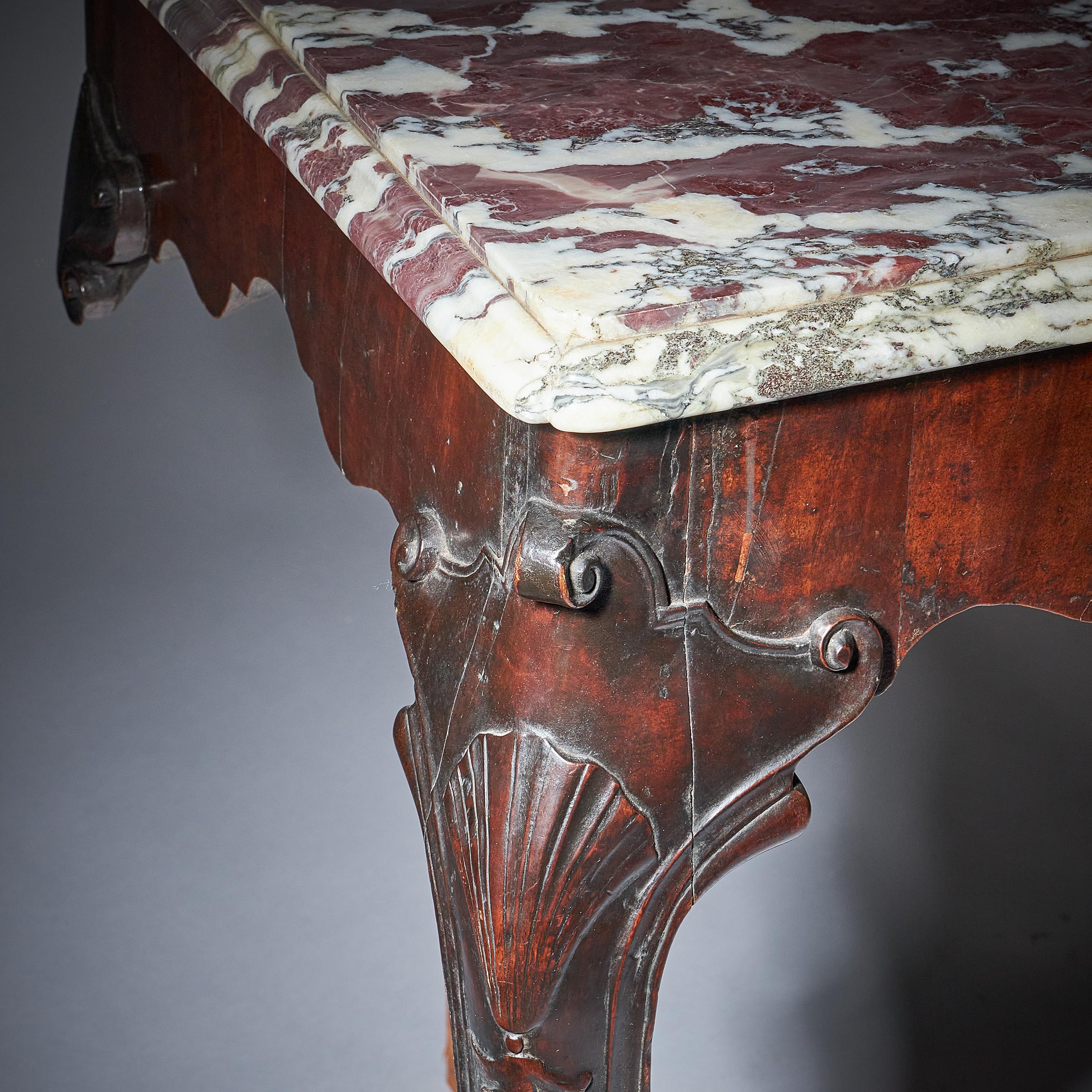 Important Pair of George II Irish Walnut Console Tables, Breccia Violat Marble For Sale 6