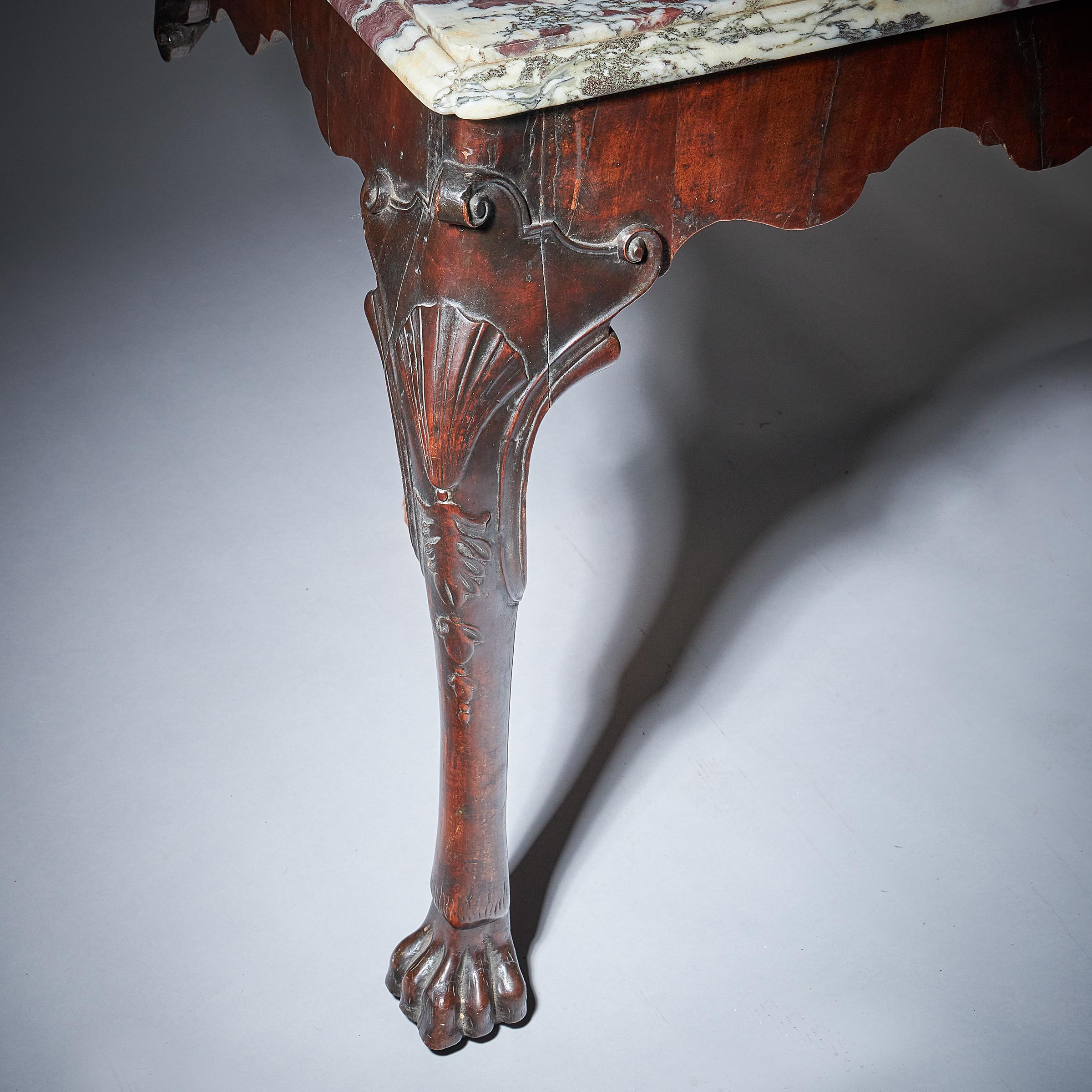 Important Pair of George II Irish Walnut Console Tables, Breccia Violat Marble For Sale 7