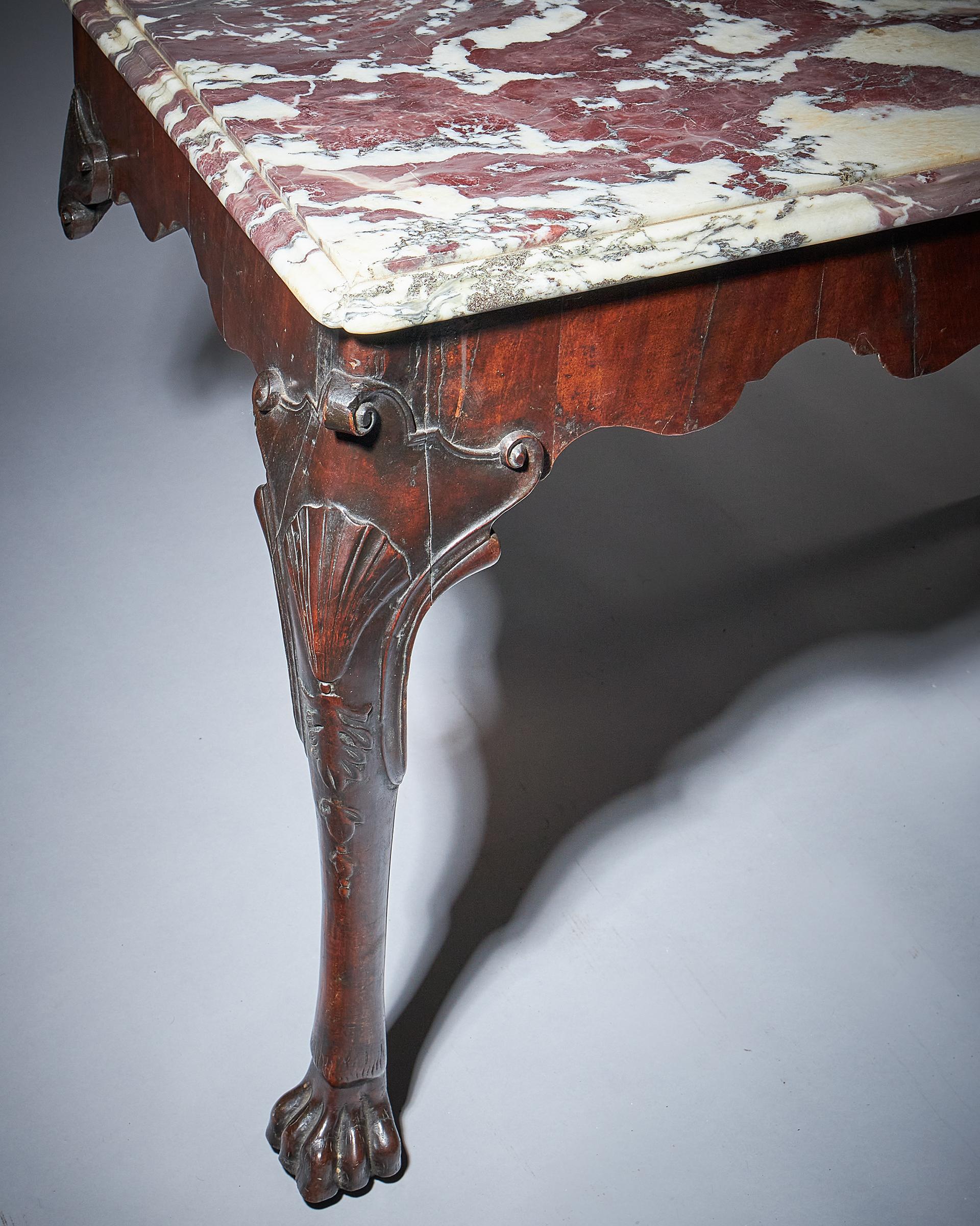 Important Pair of George II Irish Walnut Console Tables, Breccia Violat Marble For Sale 8