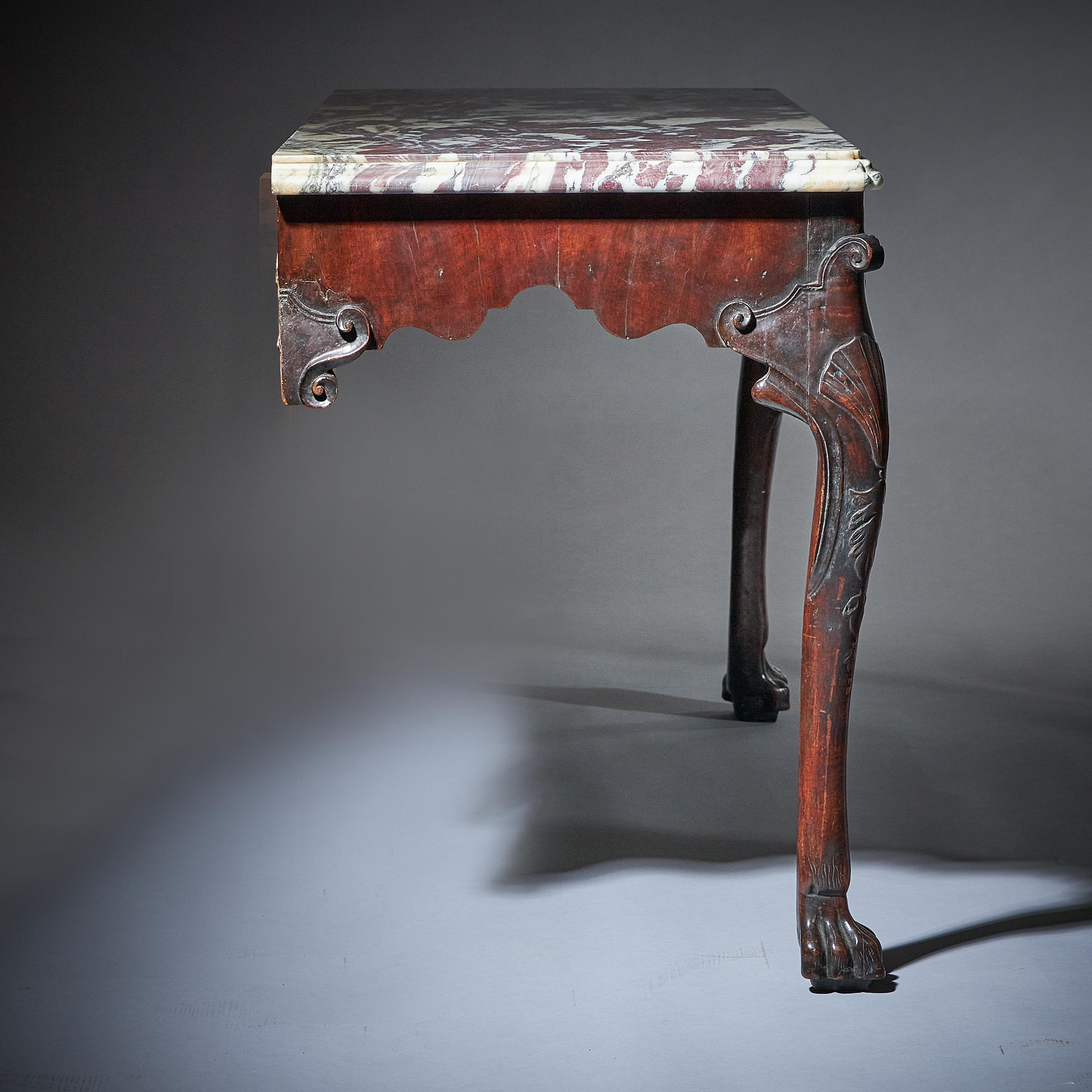 Important Pair of George II Irish Walnut Console Tables, Breccia Violat Marble For Sale 9