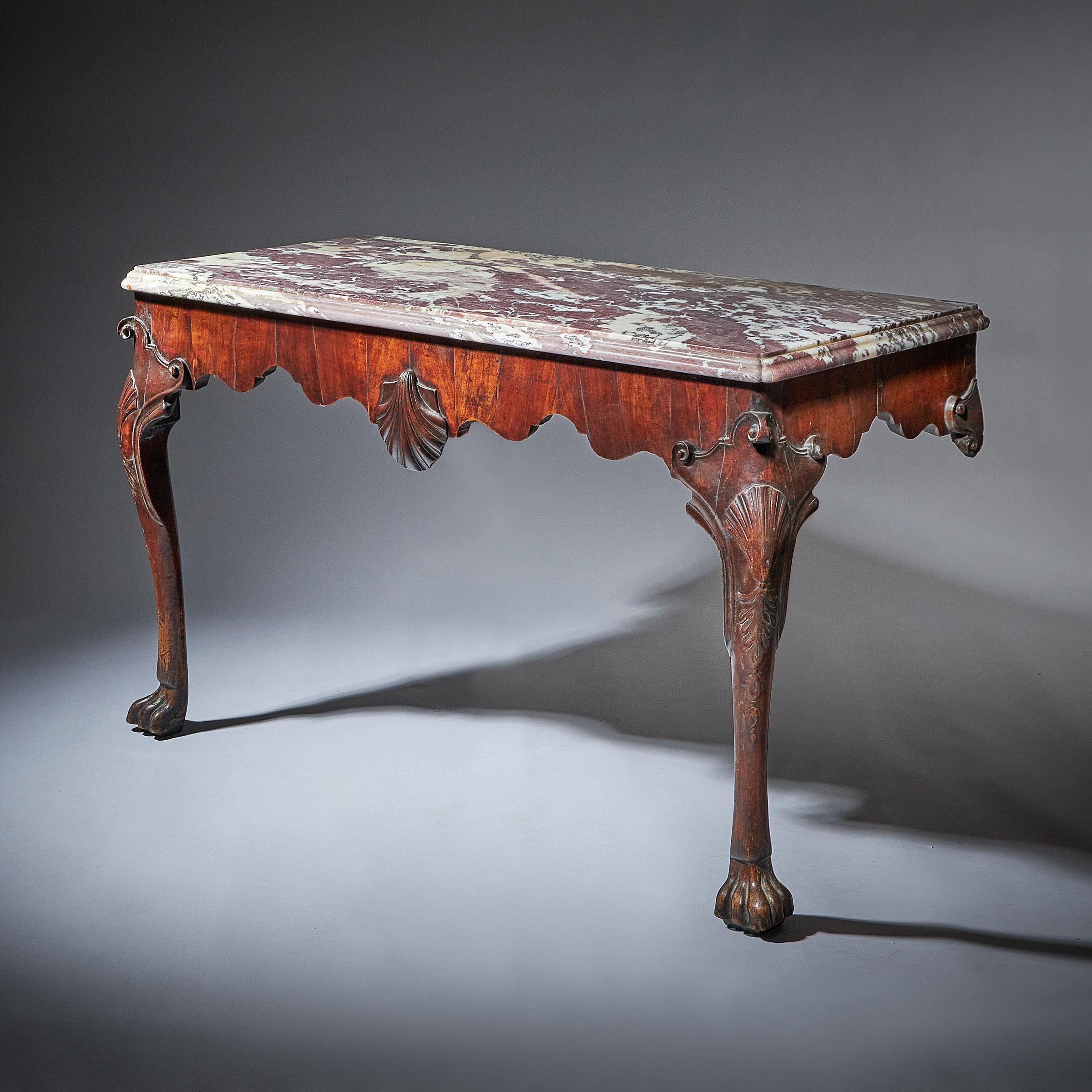 Important Pair of George II Irish Walnut Console Tables, Breccia Violat Marble In Good Condition For Sale In Oxfordshire, United Kingdom