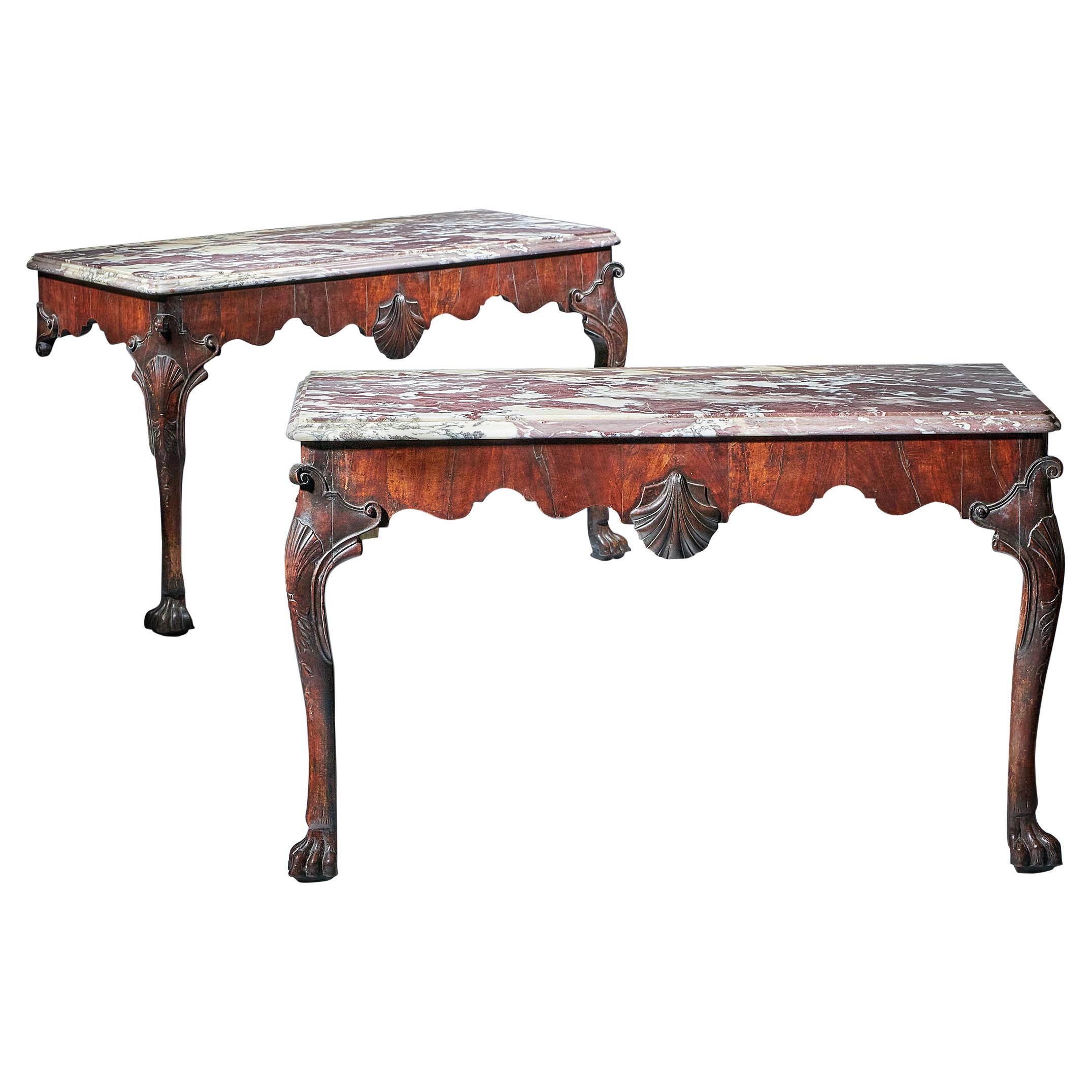 Important Pair of George II Irish Walnut Console Tables, Breccia Violat Marble For Sale