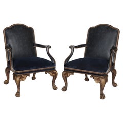 Important Pair of George II Style Walnut and Gilt Armchairs