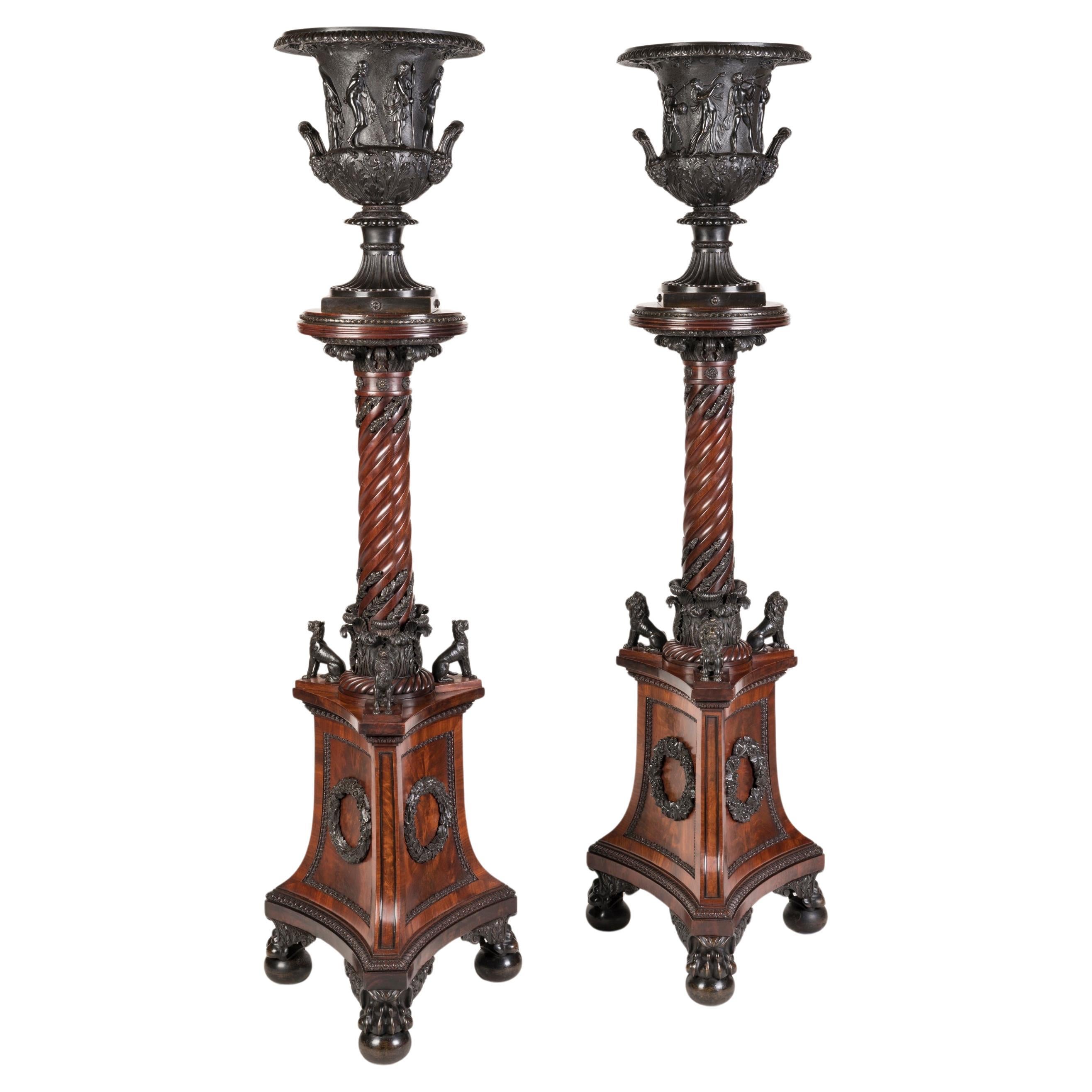 Important Pair of Georgian Period Vases on Bronze-Mounted Mahogany Pedestals