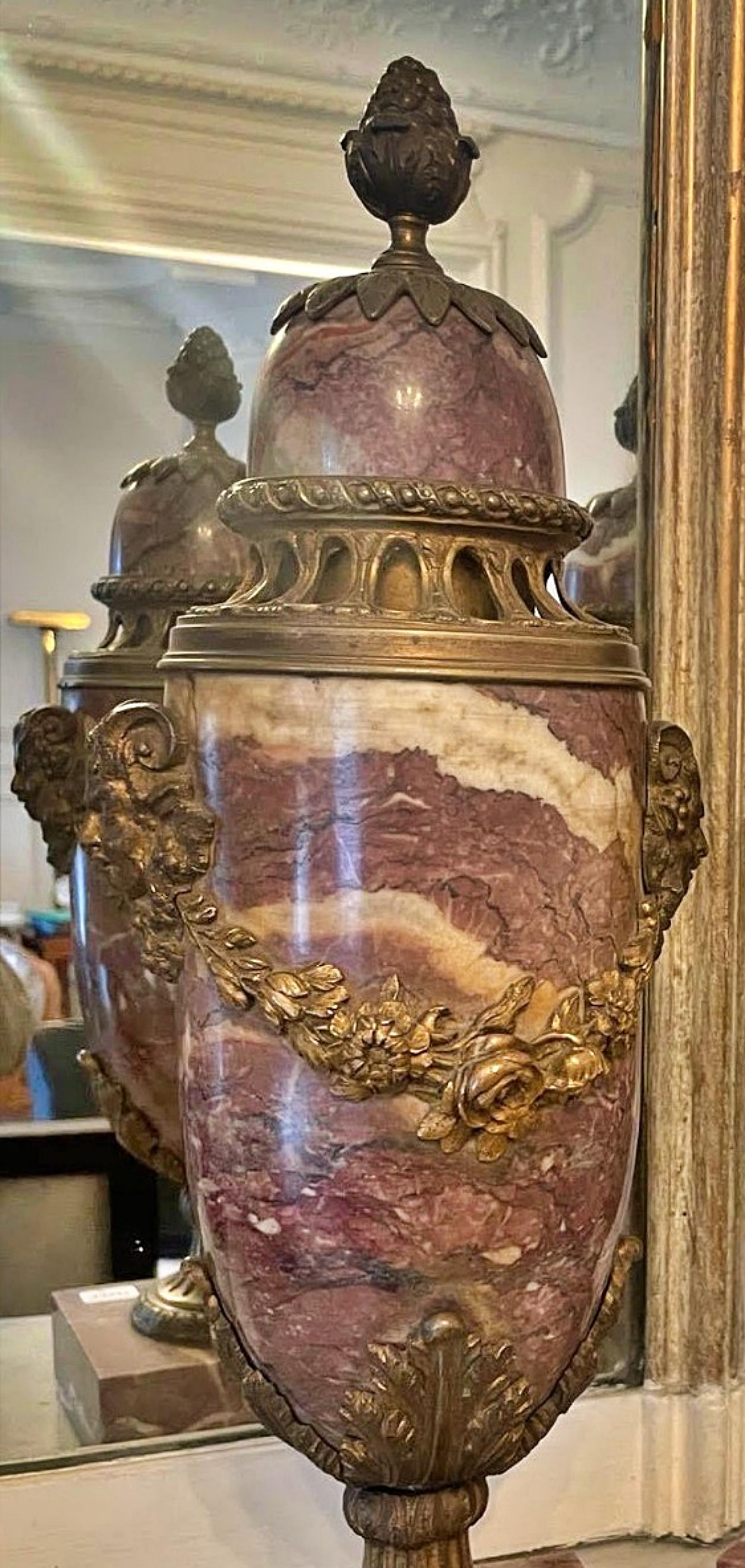 Louis XVI Important Pair of Gilt Bronze Covered Perfume Burner Vases 19th Century For Sale