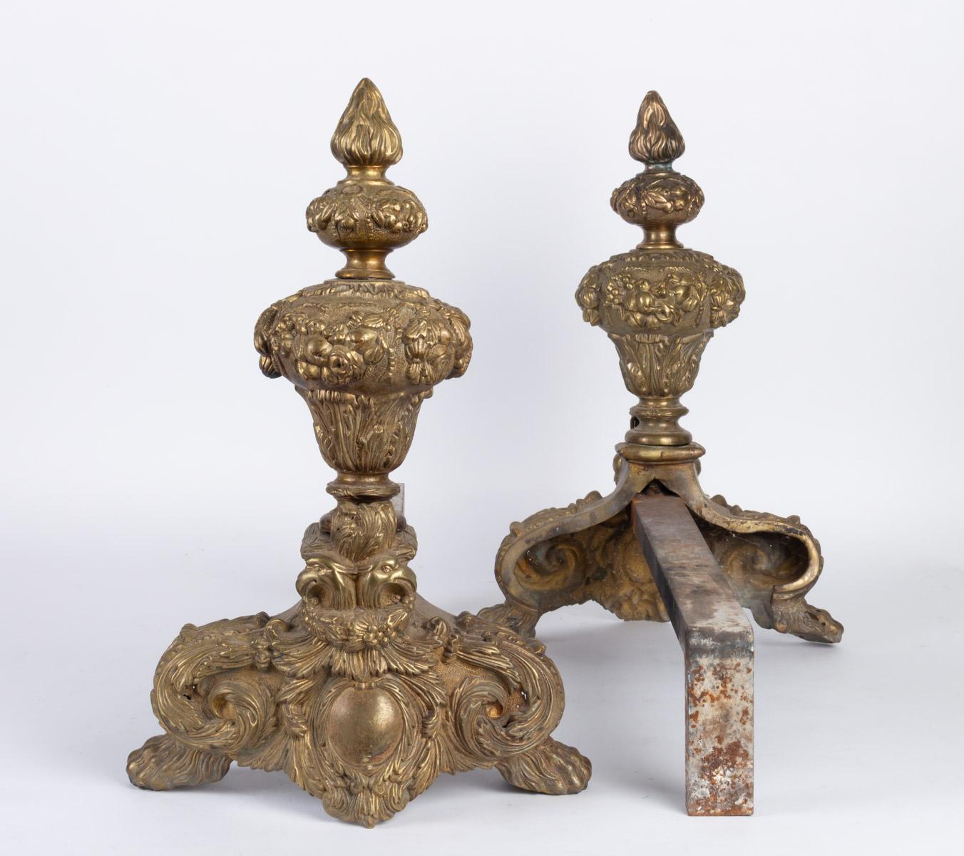 19th Century Important Pair of Gold Bronze Chenets