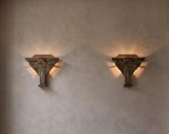 Important Pair of Italian Deco Style Wall Lamps in Bronze by Banci