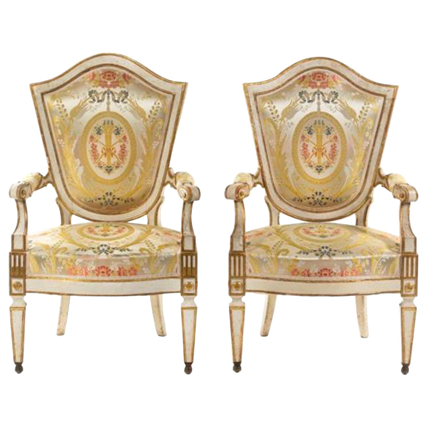 Important Pair of Italian Painted Fauteuils Florence, 18th Century