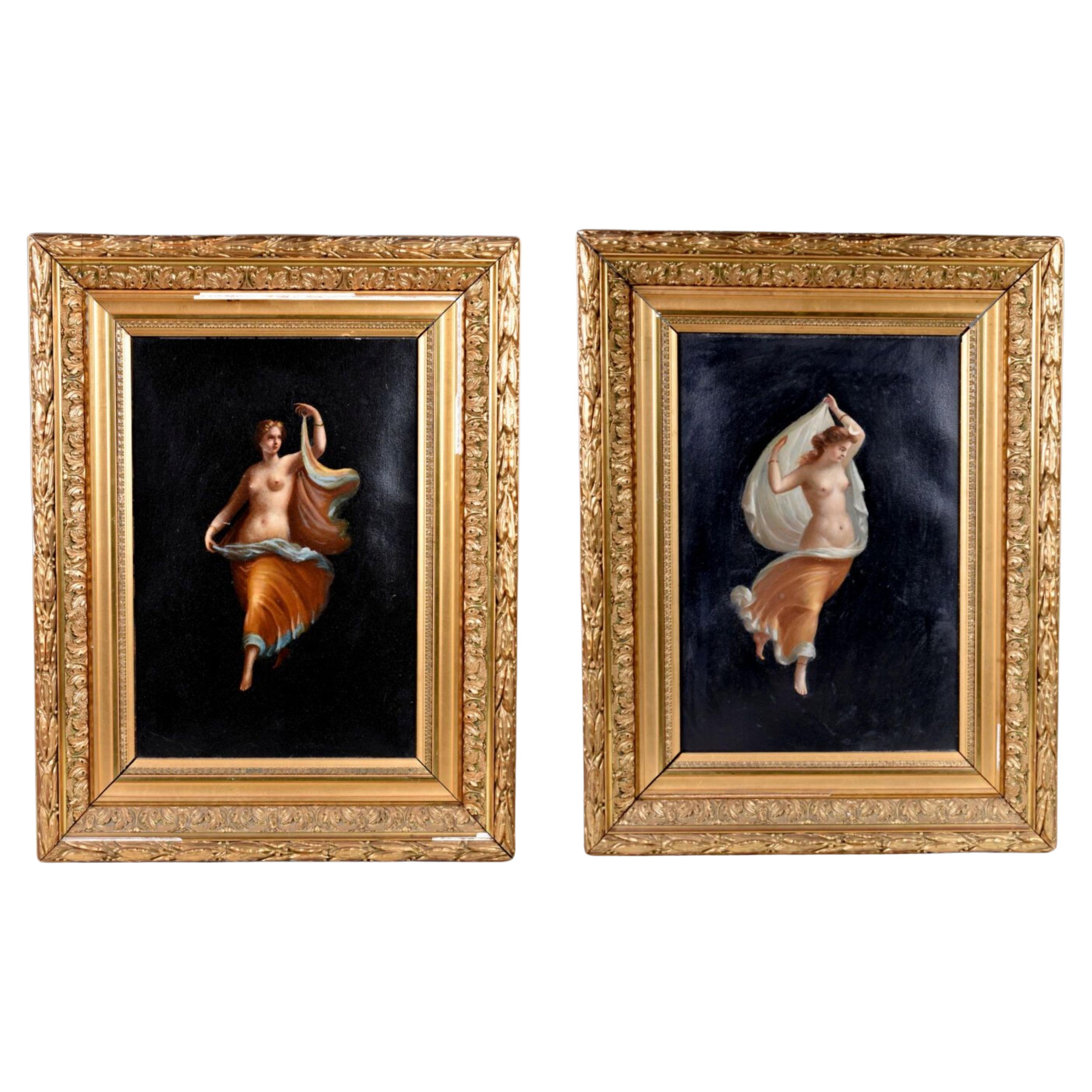 Important Pair of Italian School Paintings "Night and Day" 19th Century For Sale