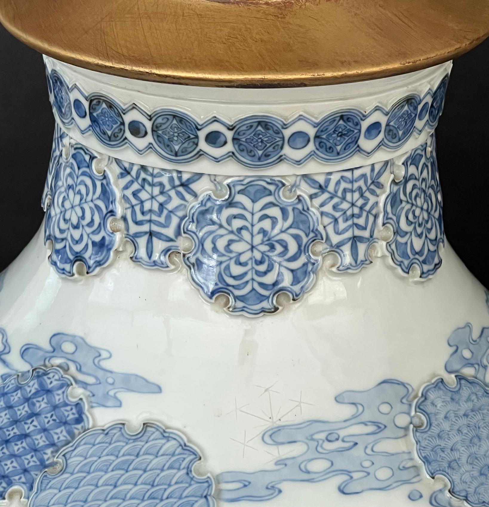 Glazed Important Pair of Japanese Meiji Period Blue & White Vases Now Mounted as Lamps For Sale
