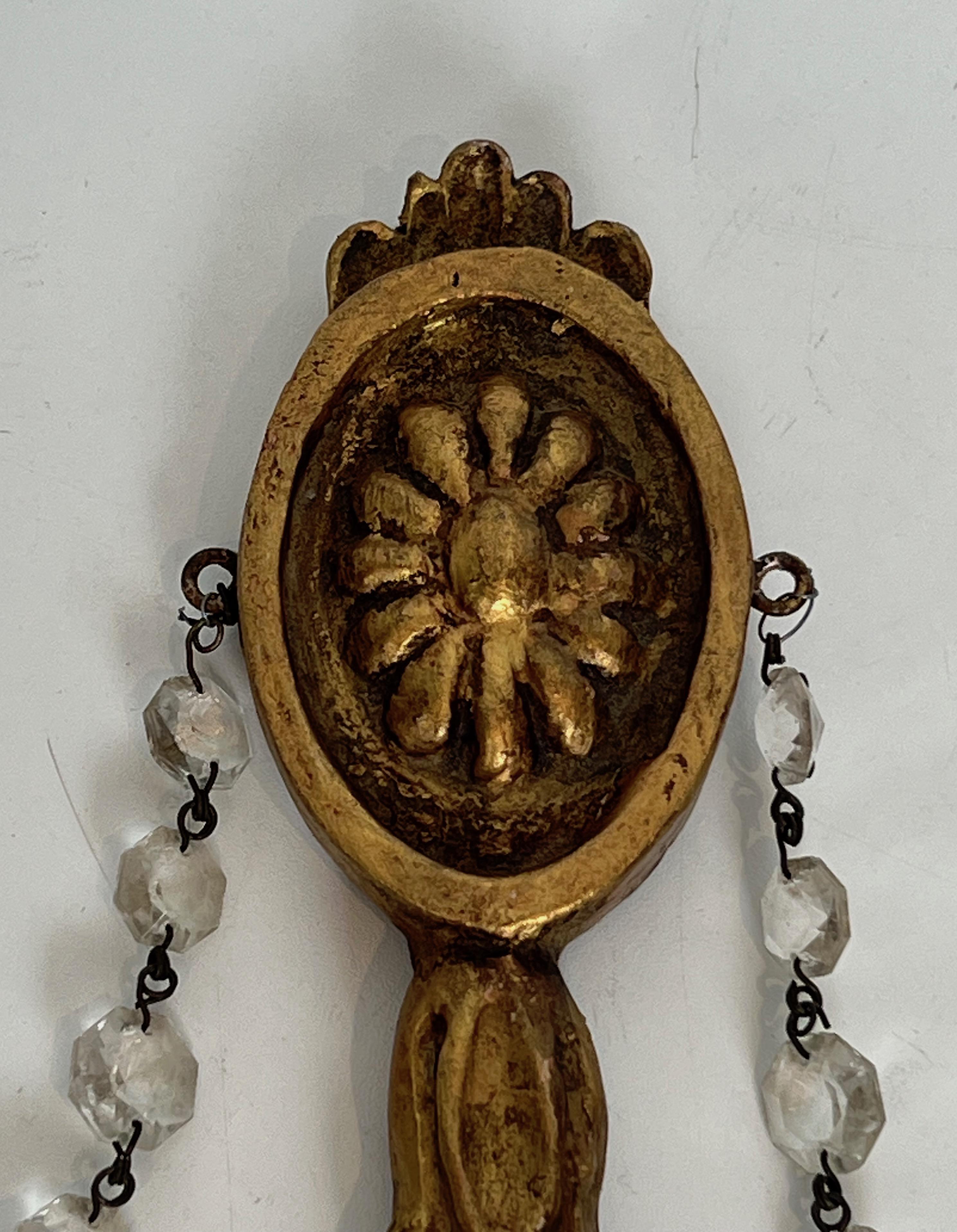 Important Pair of Louis the 16th Style Gilded Carved Wood Wall Sconces with Crys For Sale 7