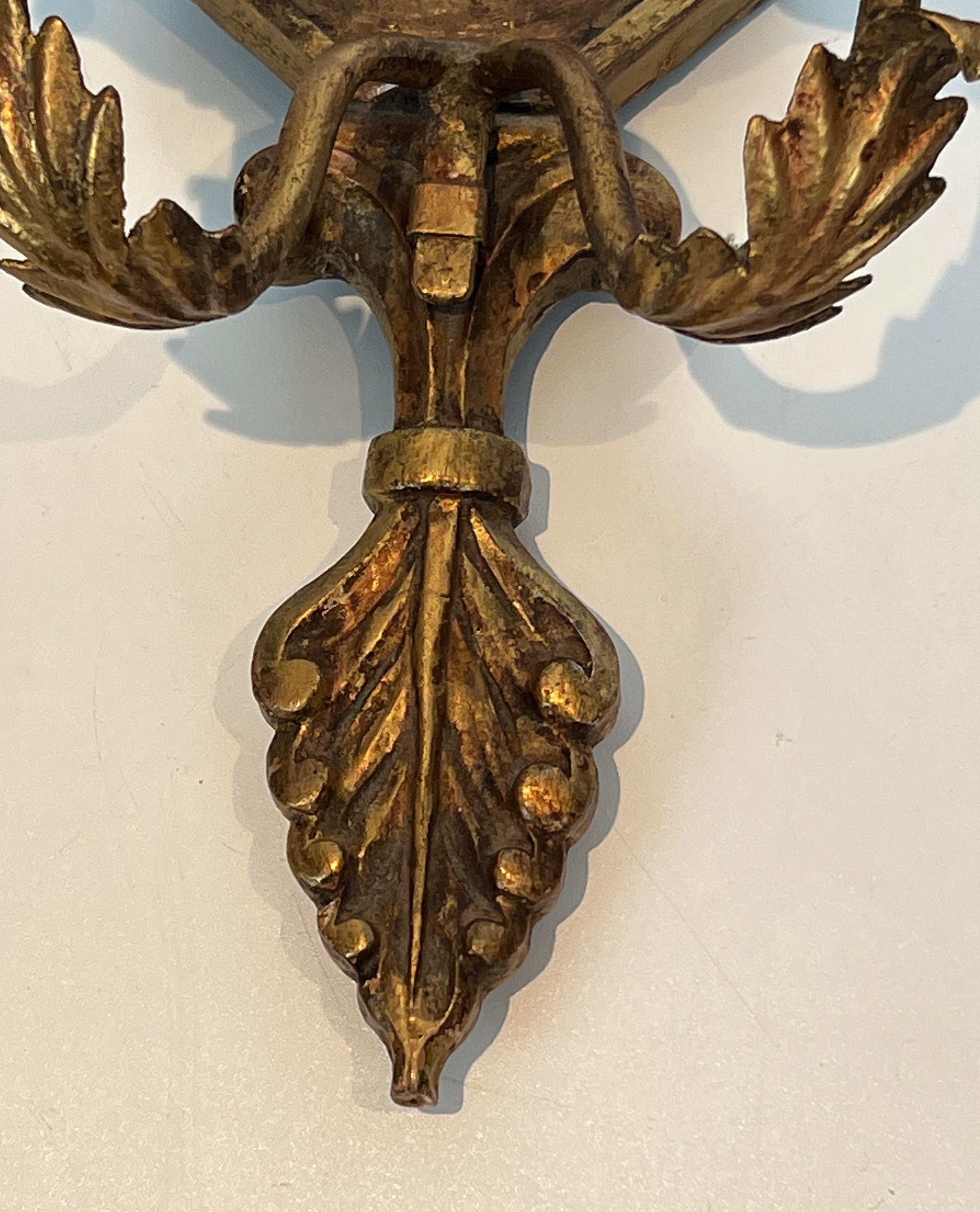 Important Pair of Louis the 16th Style Gilded Carved Wood Wall Sconces with Crys For Sale 11