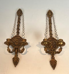 Important Pair of Louis the 16th Style Gilded Carved Wood Wall Sconces with Crys