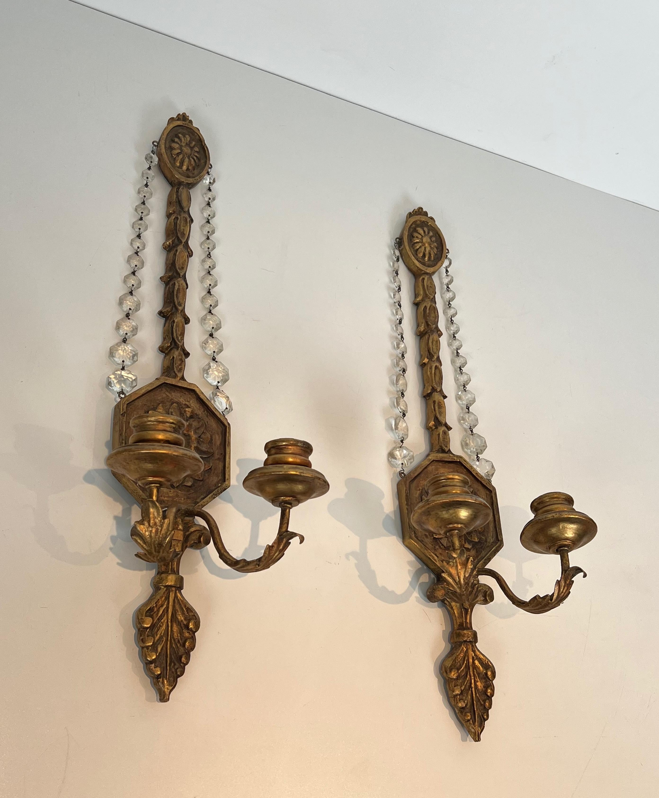 Louis XVI Important Pair of Louis the 16th Style Gilded Carved Wood Wall Sconces with Crys For Sale