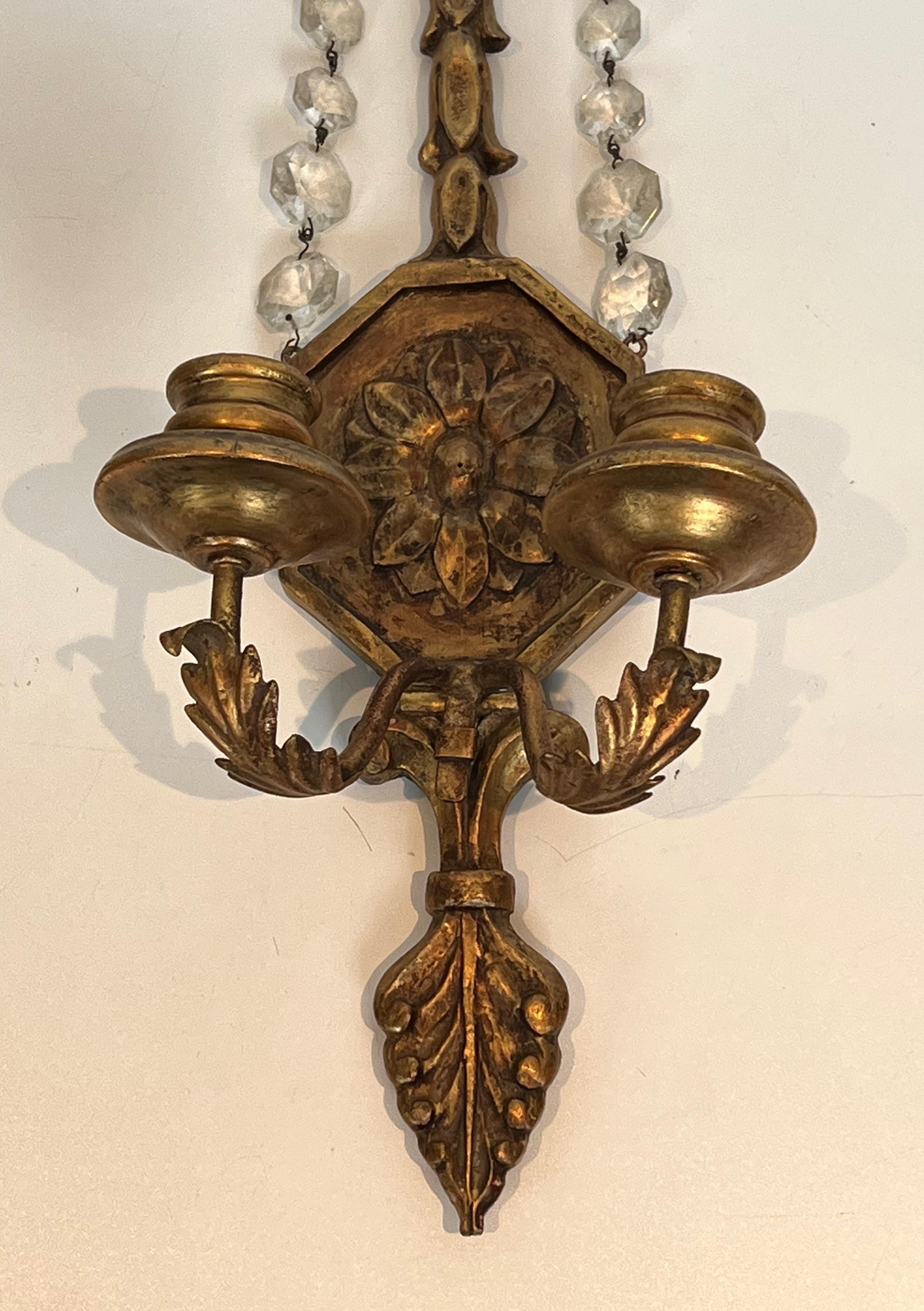 Mid-20th Century Important Pair of Louis the 16th Style Gilded Carved Wood Wall Sconces with Crys For Sale