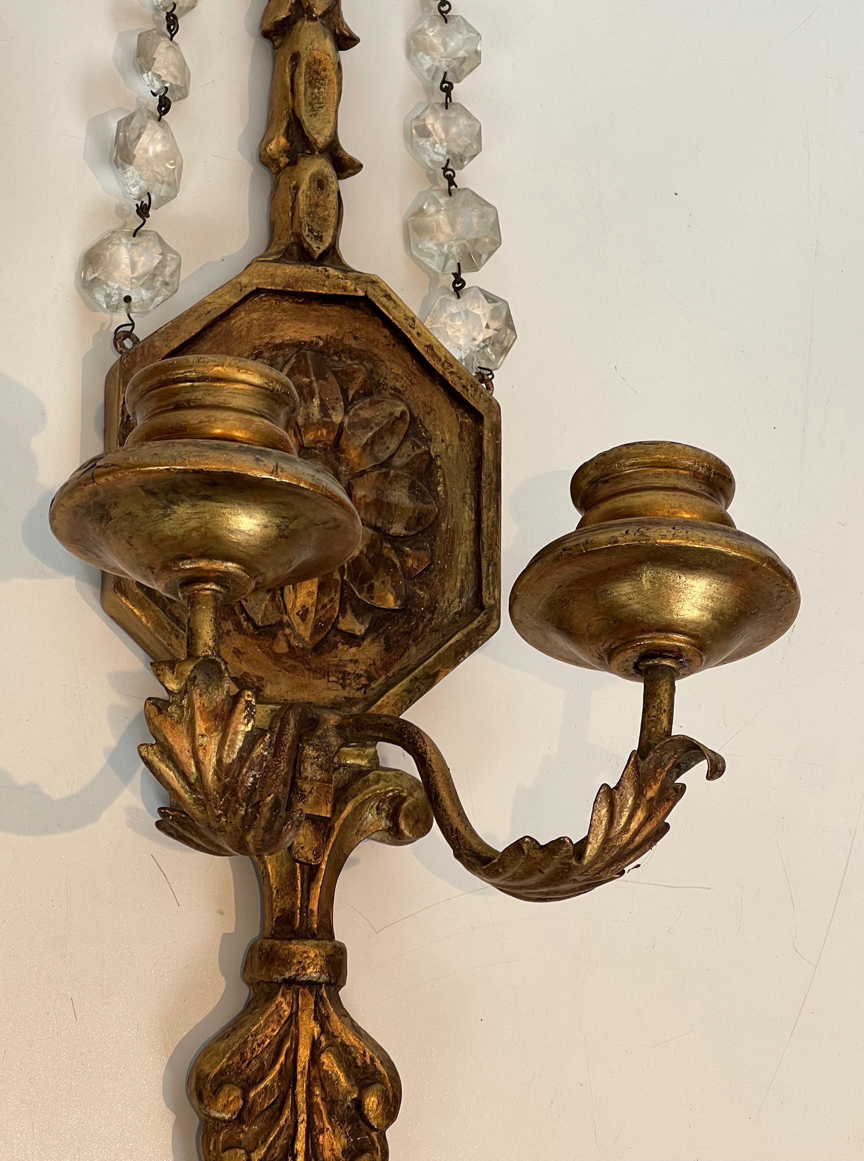 Important Pair of Louis the 16th Style Gilded Carved Wood Wall Sconces with Crys For Sale 1