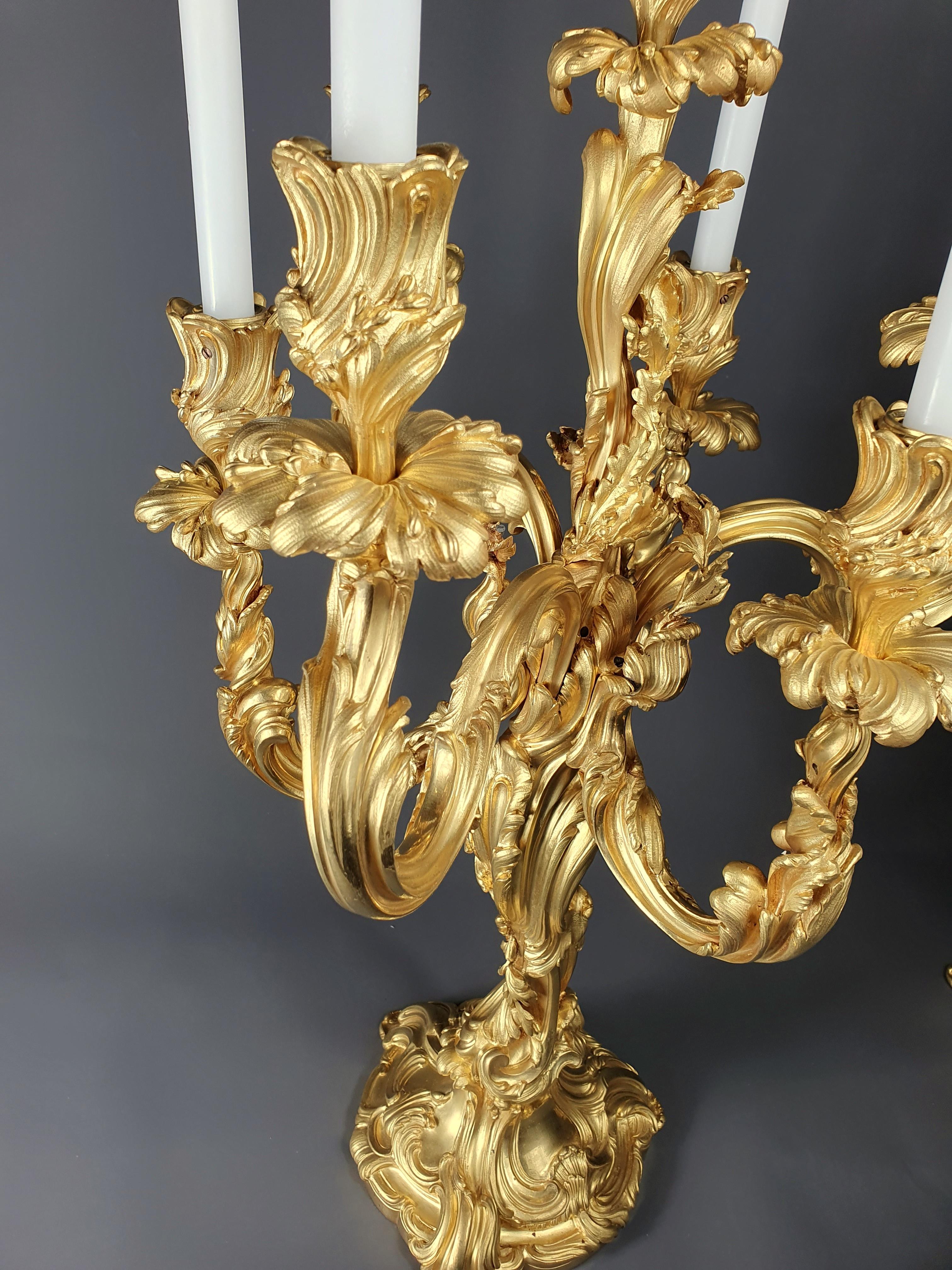 French Important Pair of Louis XV Rocaille Candelabras Stamped Millet in Paris For Sale