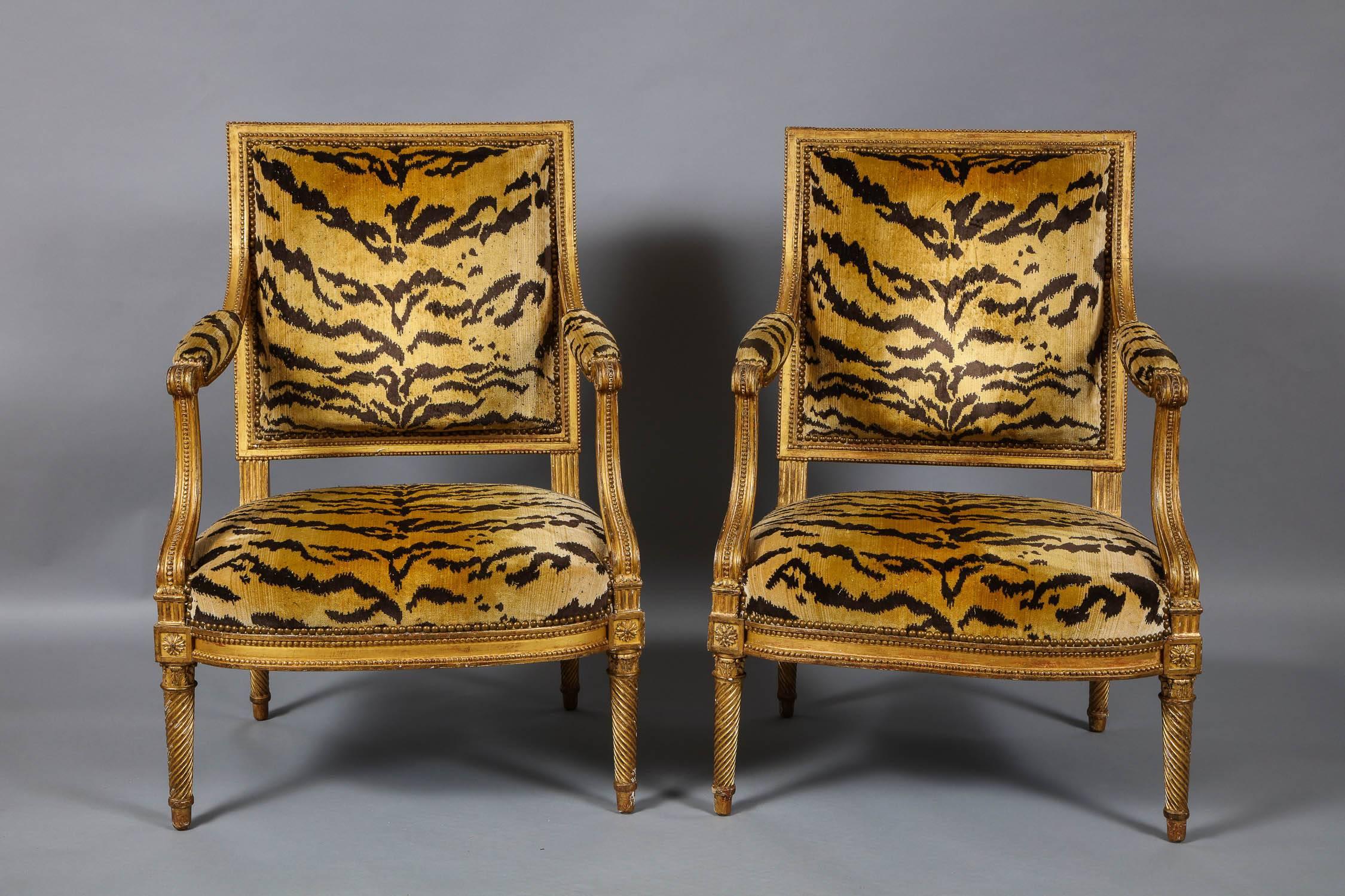 French Important Pair of Louis XVI Giltwood Chairs by Jacob