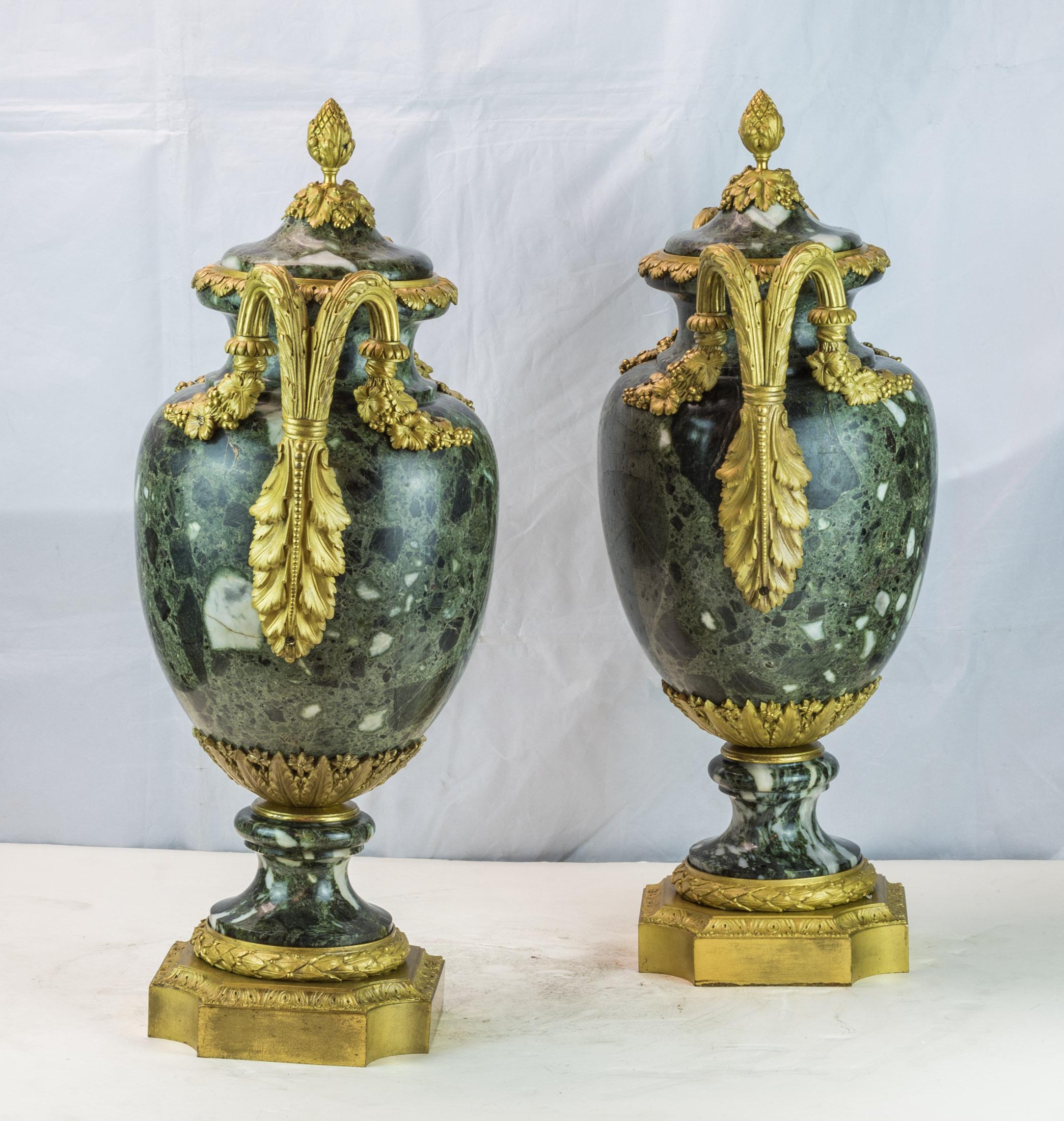 Baroque Important Pair of Louis XVI Style Ormolu-Mounted Green Marble Vases For Sale