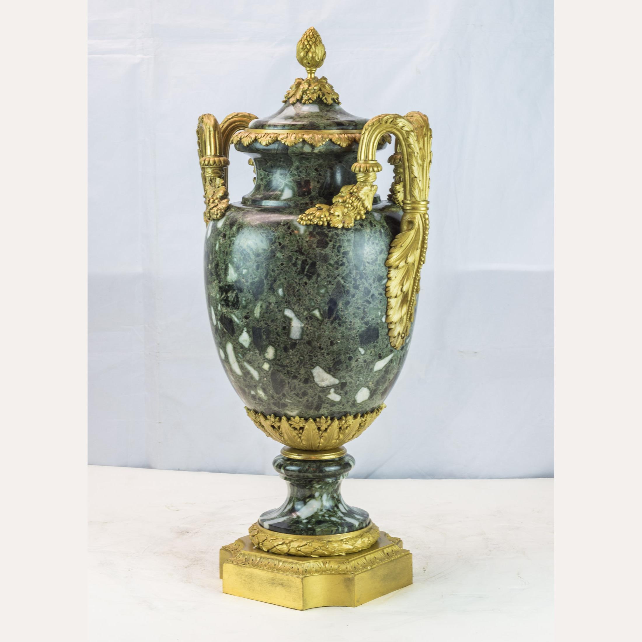 French Important Pair of Louis XVI Style Ormolu-Mounted Green Marble Vases For Sale