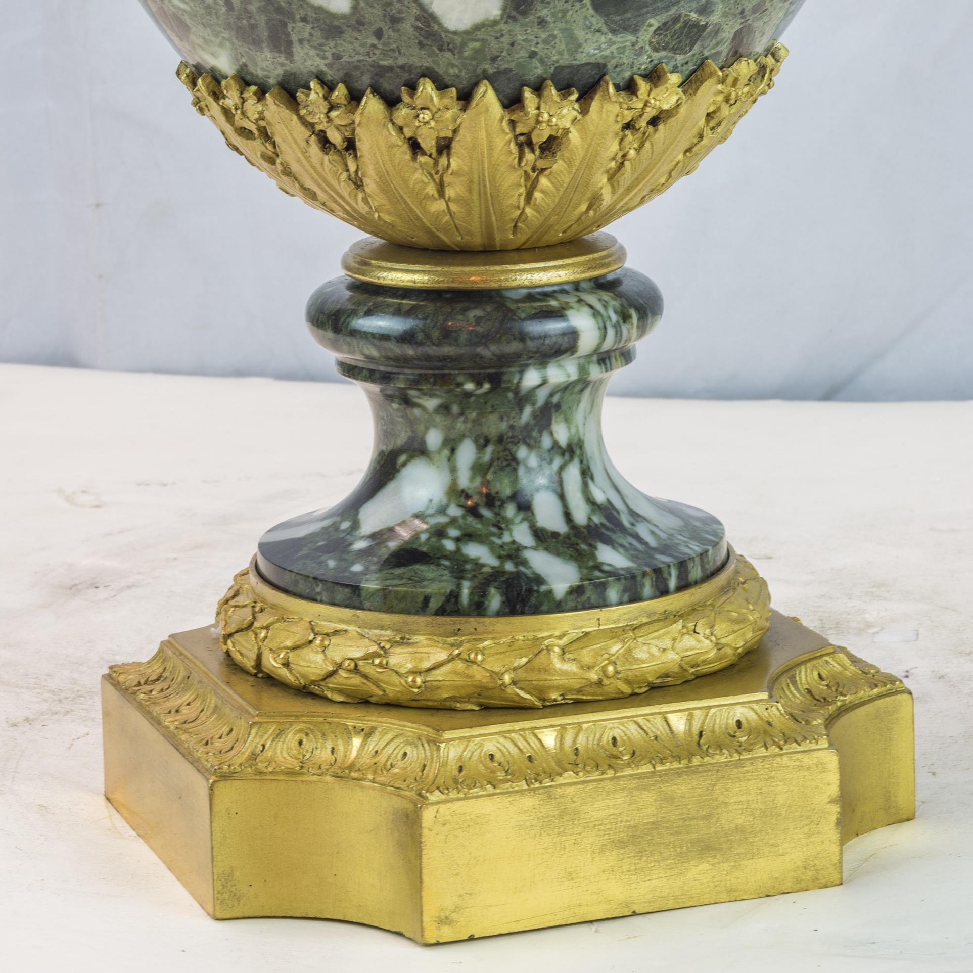 19th Century Important Pair of Louis XVI Style Ormolu-Mounted Green Marble Vases For Sale