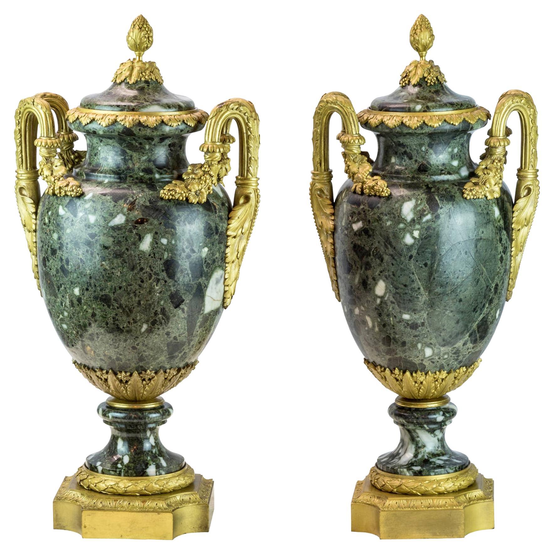 Important Pair of Louis XVI Style Ormolu-Mounted Green Marble Vases For Sale