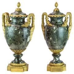 Important Pair of Louis XVI Style Ormolu-Mounted Green Marble Vases