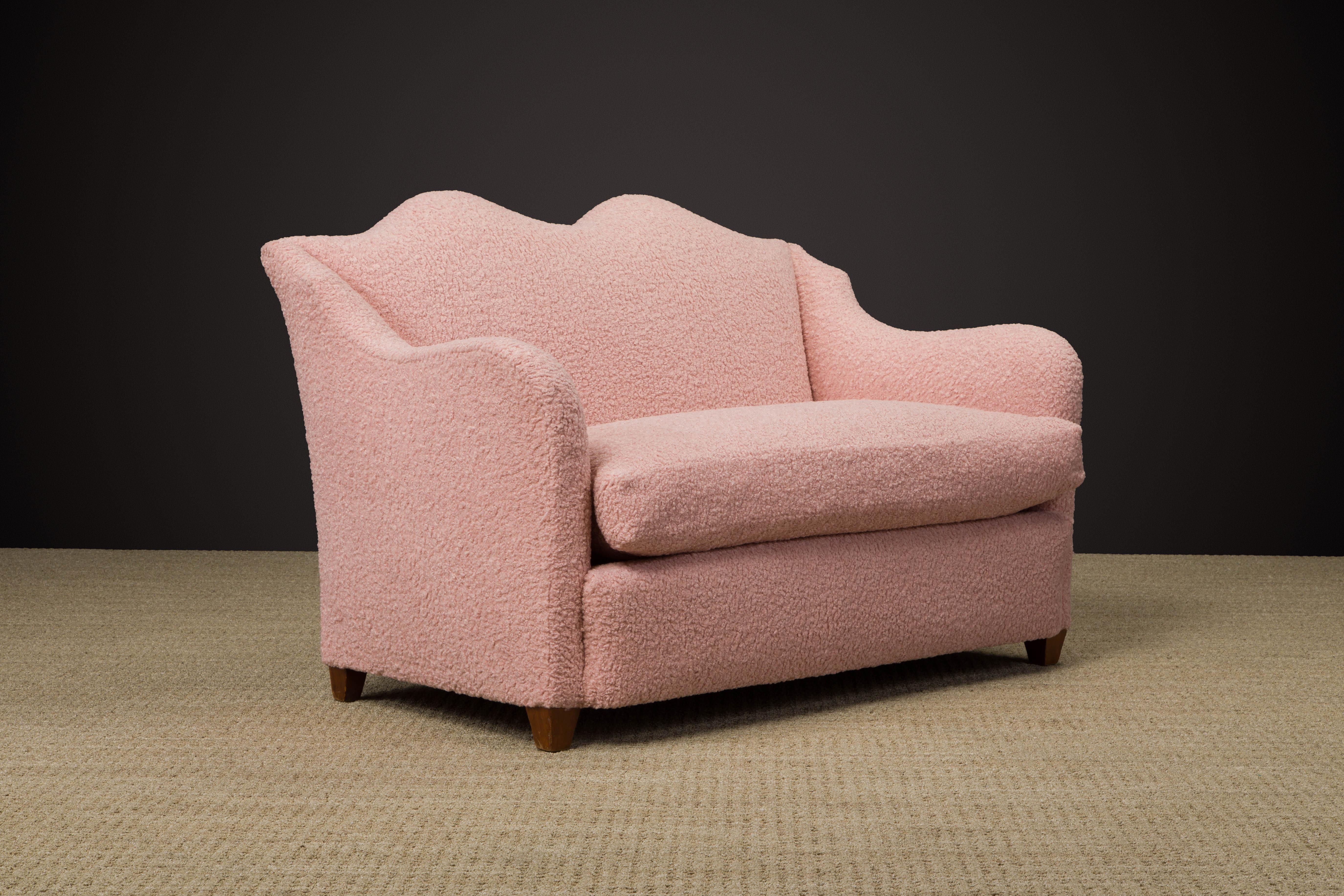 Important Pair of Maison Jansen Loveseats in Pink Bouclé, c. 1930s, Signed 1