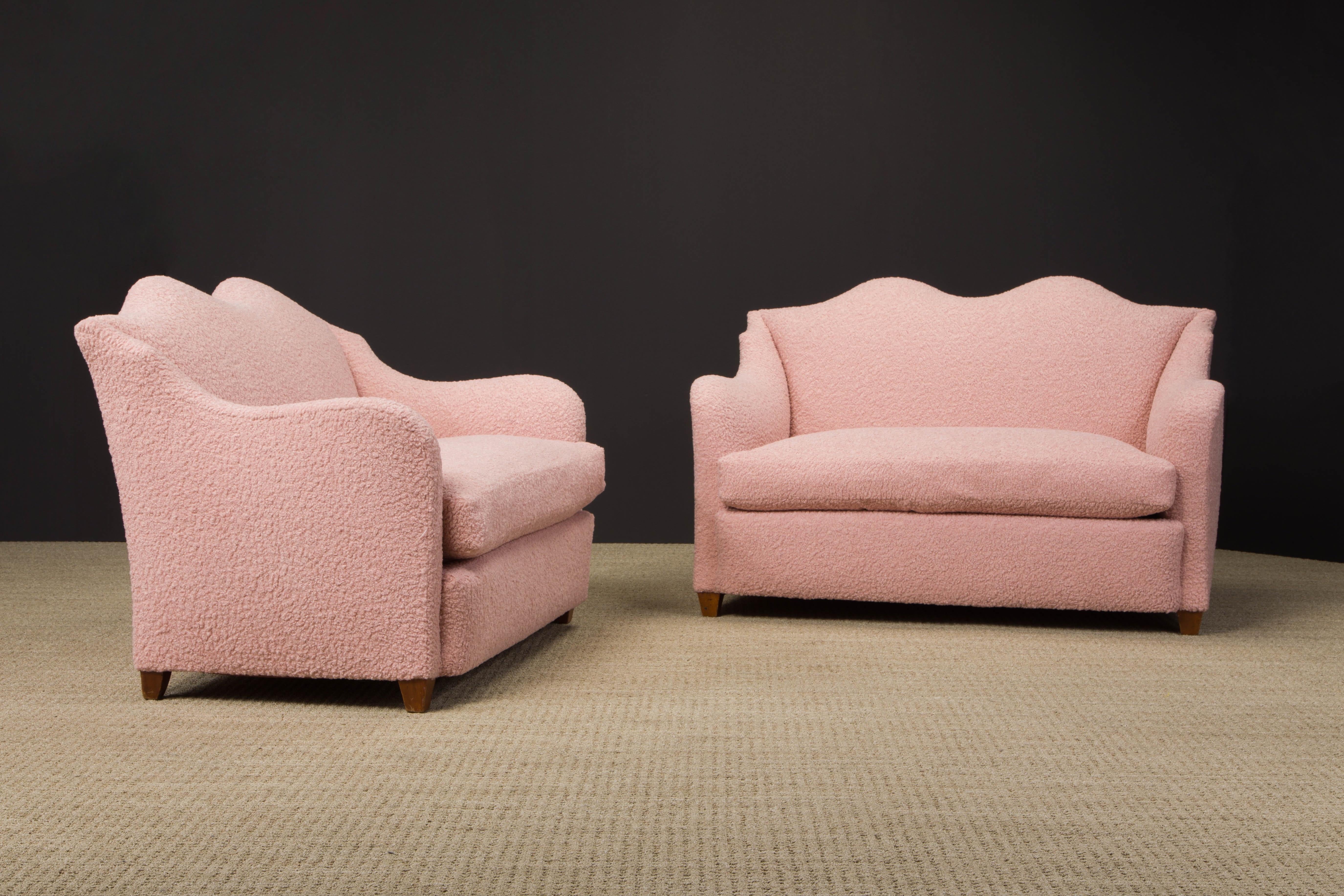 Eat your hearts out Jansen collectors, this pair of Maison Jansen loveseats are signed underneath with 'Jansen/ Industria Argentina' stenciled fabric signifying this important pair of upholstered settees were made in Jansen's Buenos Aires workshop.