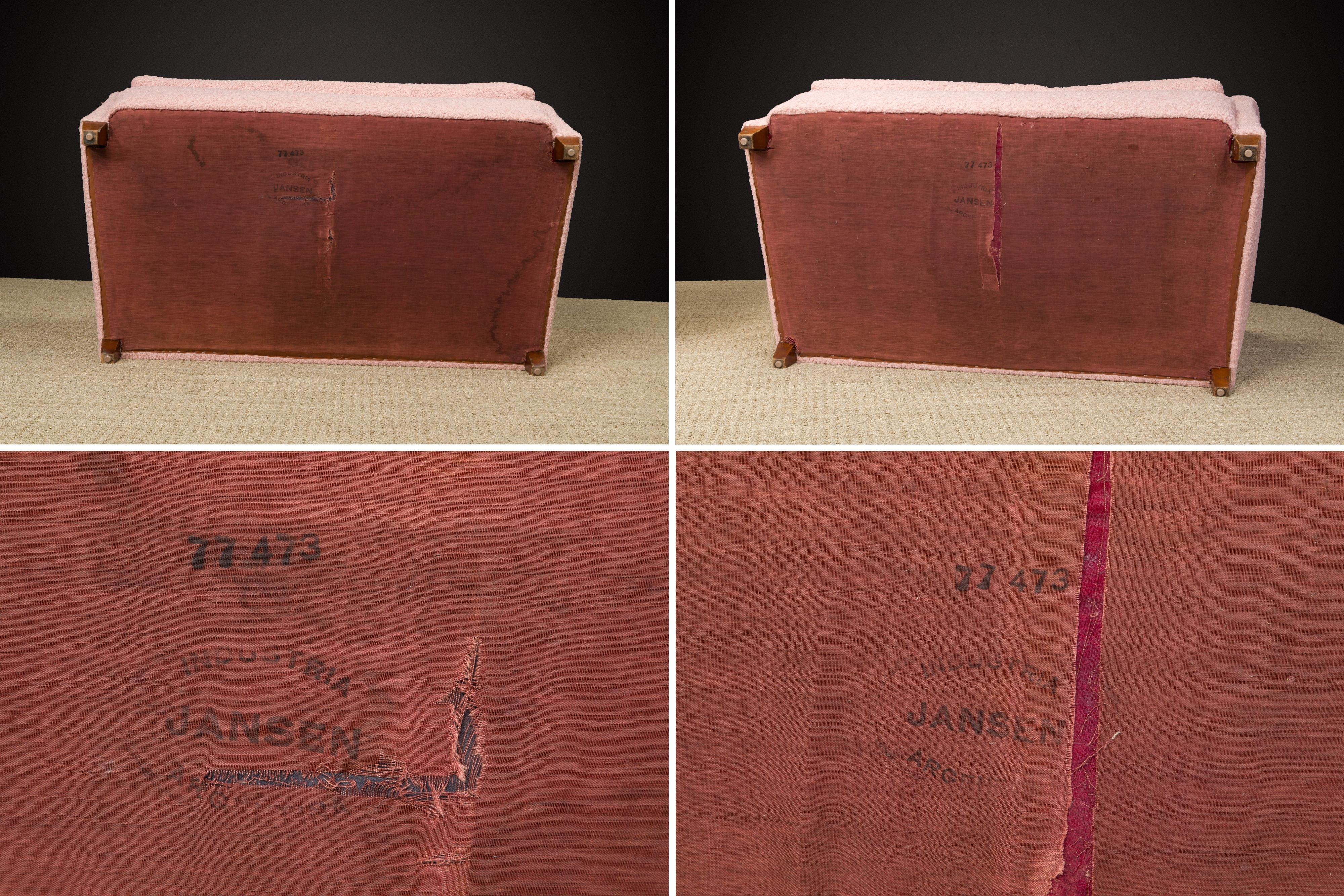 Important Pair of Maison Jansen Loveseats in Pink Bouclé, c. 1930s, Signed 11