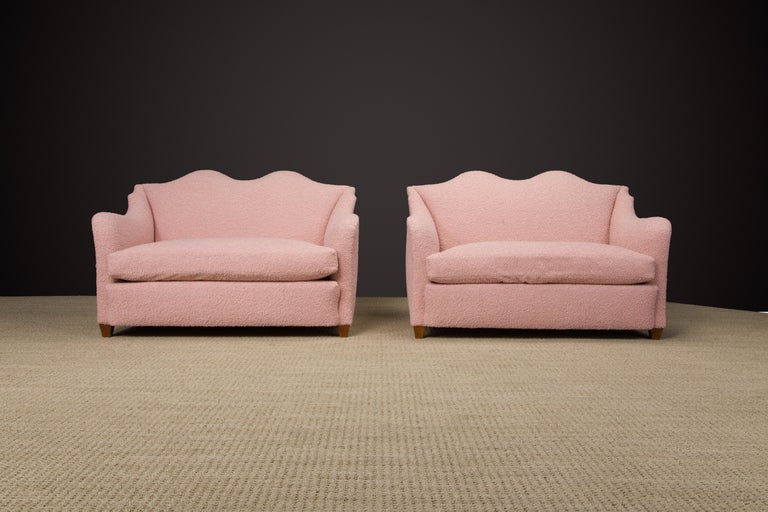 Mid-Century Modern Important Pair of Maison Jansen Loveseats in Pink Bouclé, c. 1930s, Signed  For Sale