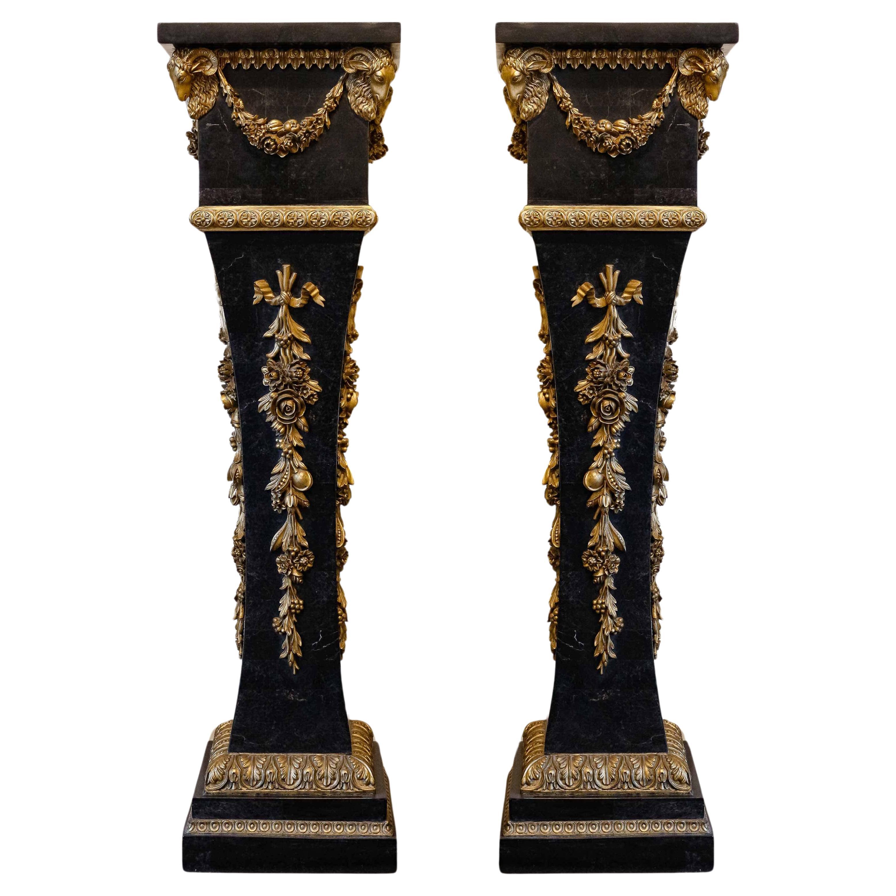 Important Pair of Marble and Bronze Columns, 20th Century. For Sale