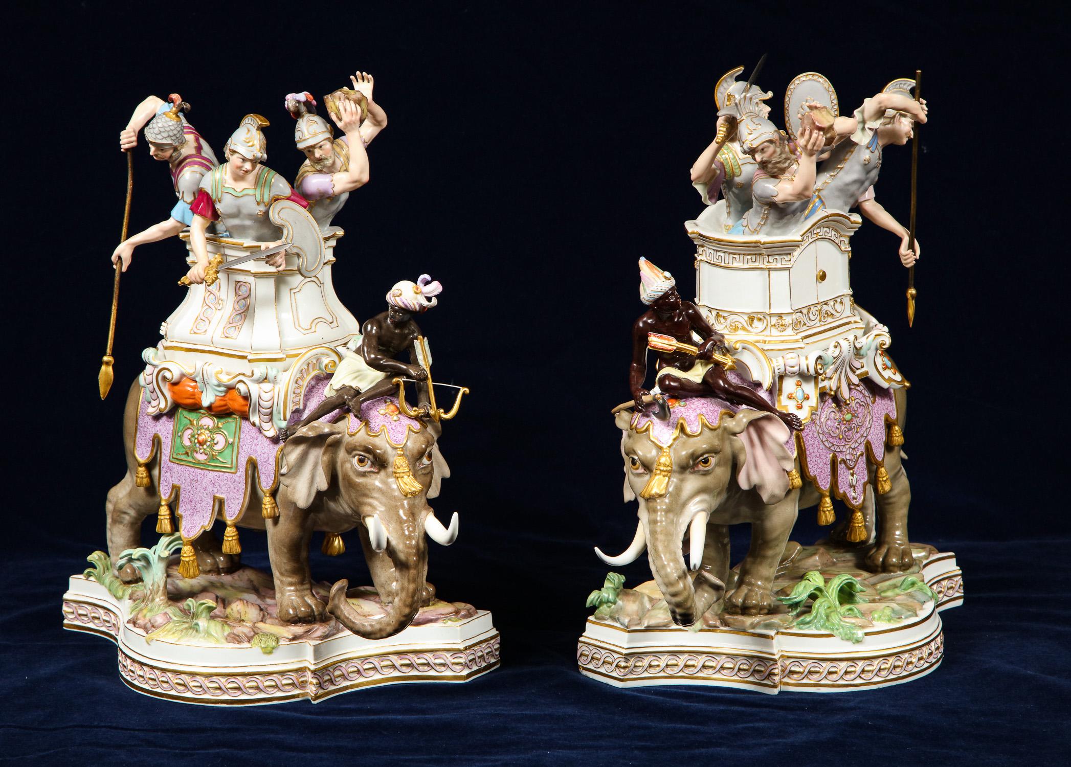 Rococo Important Pair of Meissen Porcelain Groups of Caparisoned Elephants and Soldiers