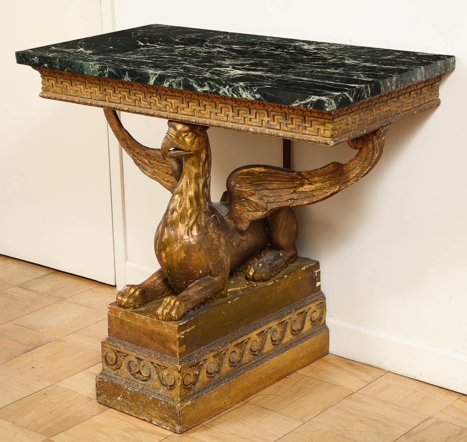 Hand-Carved Important Pair of Mid-18th Century George II Giltwood Griffin Console Tables