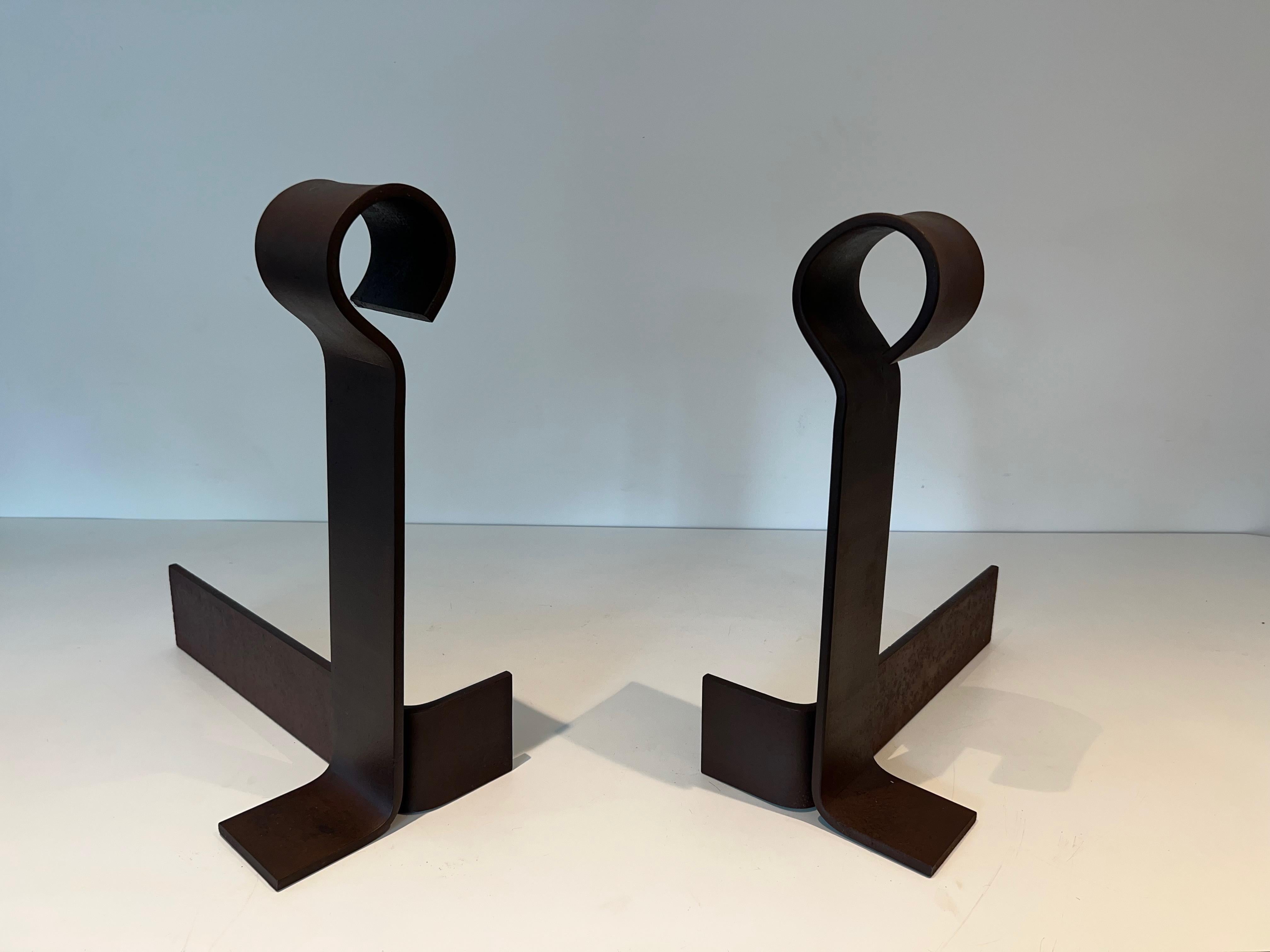 Important Pair of Modernist Cast Iron and Wrought Iron Andirons For Sale 9