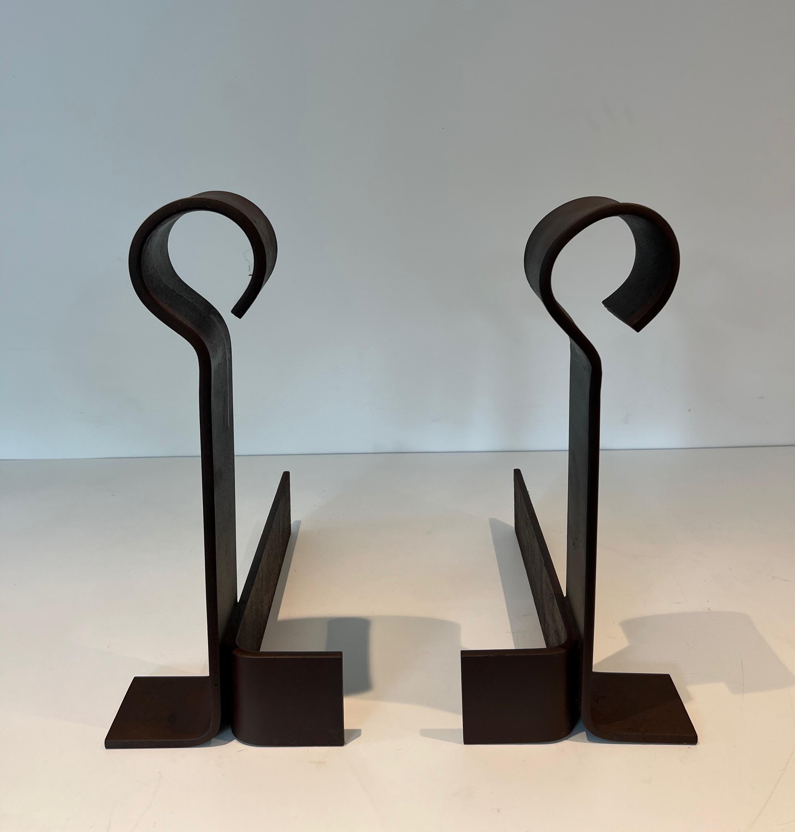 Important Pair of Modernist Cast Iron and Wrought Iron Andirons For Sale 10