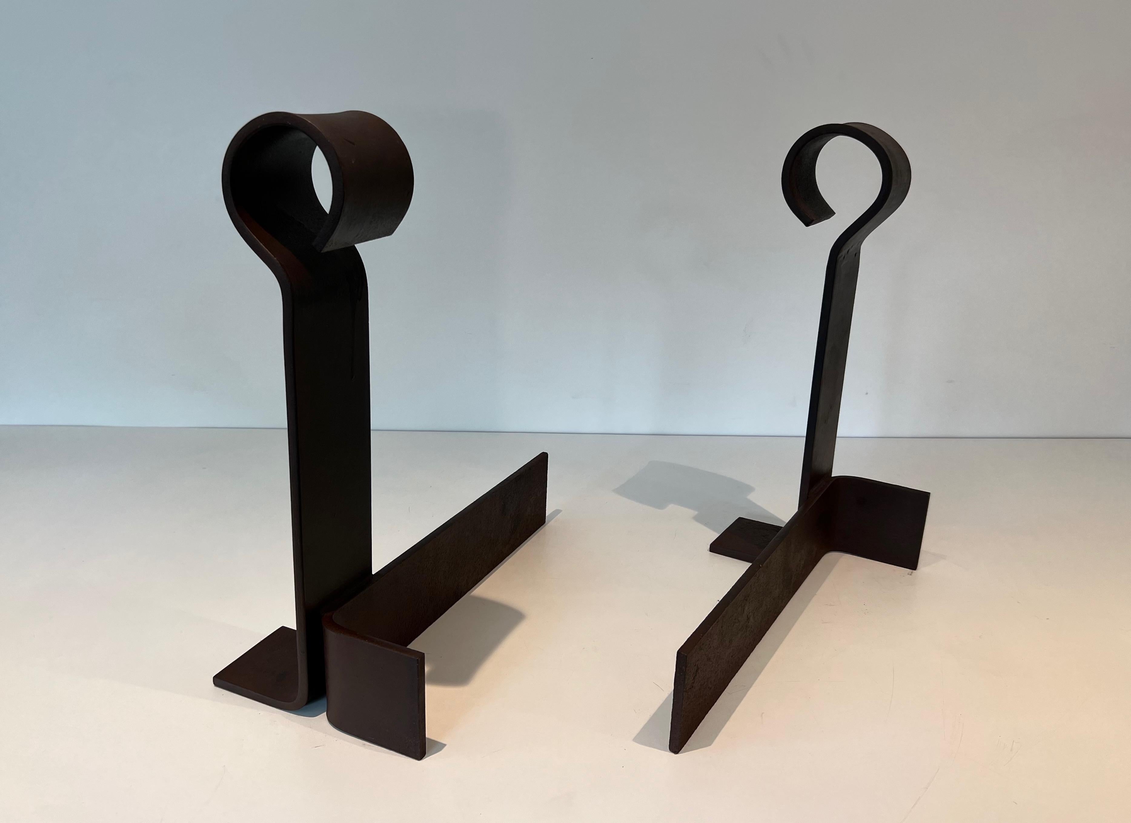 French Important Pair of Modernist Cast Iron and Wrought Iron Andirons For Sale