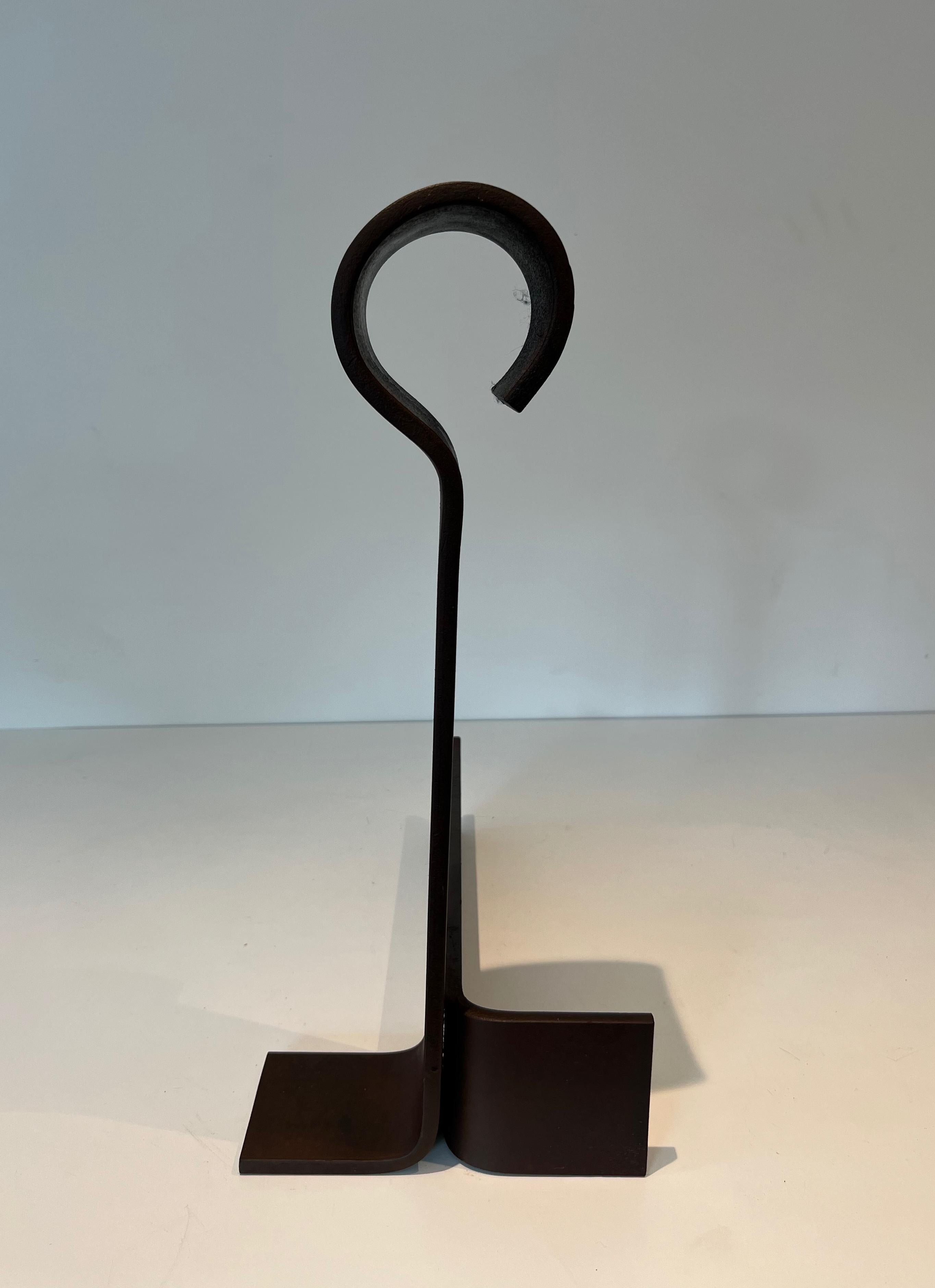 Mid-20th Century Important Pair of Modernist Cast Iron and Wrought Iron Andirons For Sale