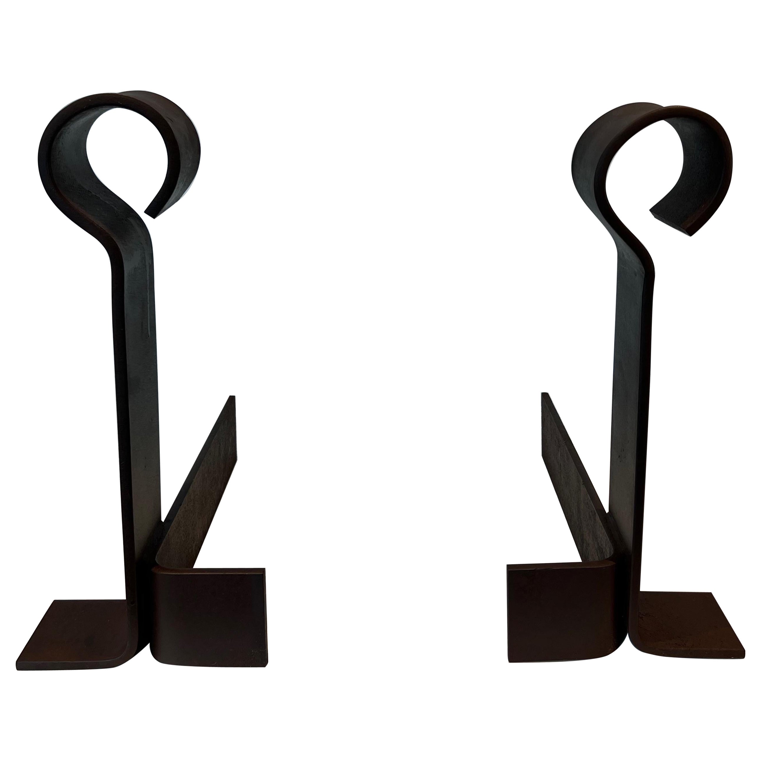 Important Pair of Modernist Cast Iron and Wrought Iron Andirons