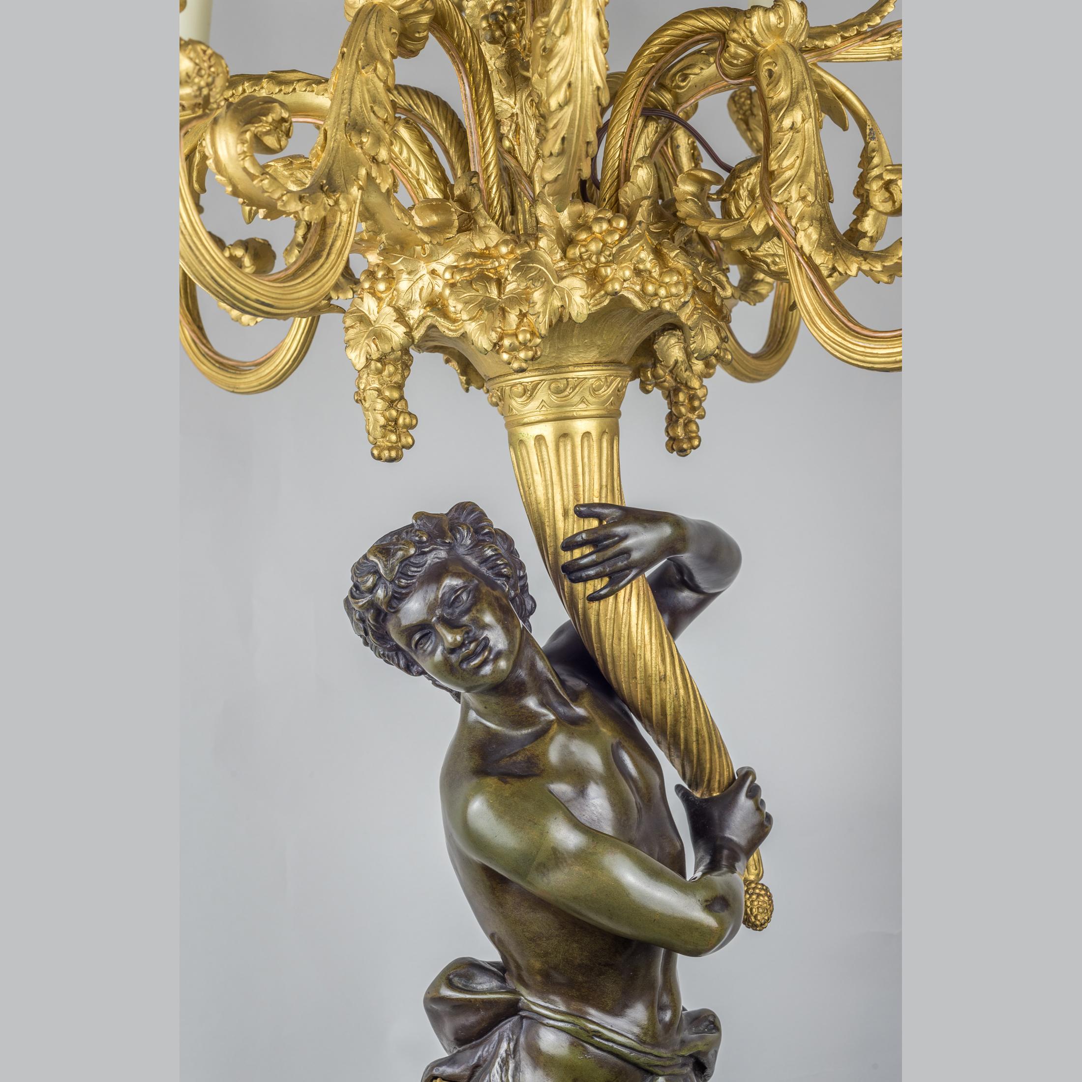 Each with a figure, one with a satyr, the other a bacchante, holding aloft a spiral-fluted cornucopia, each signed Clodion, electrified.

Artist: Claude Michel Clodion (1738-1814)
Origin: French
Date: Last quarter 19th century
Dimension: 44 in.