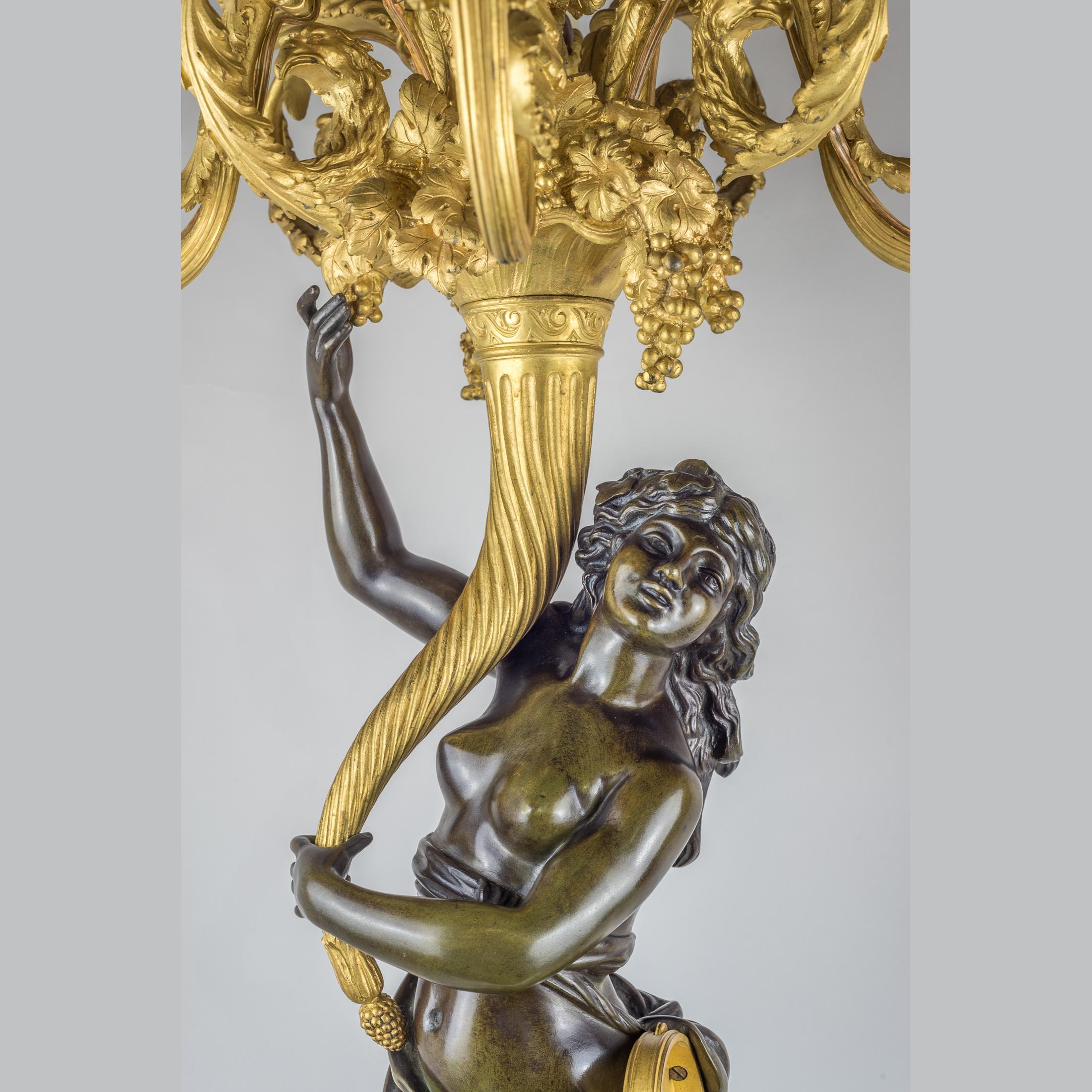 French  Important Pair of Monumental Ormolu and Patinated Bronze Nine-Light Candelabra For Sale