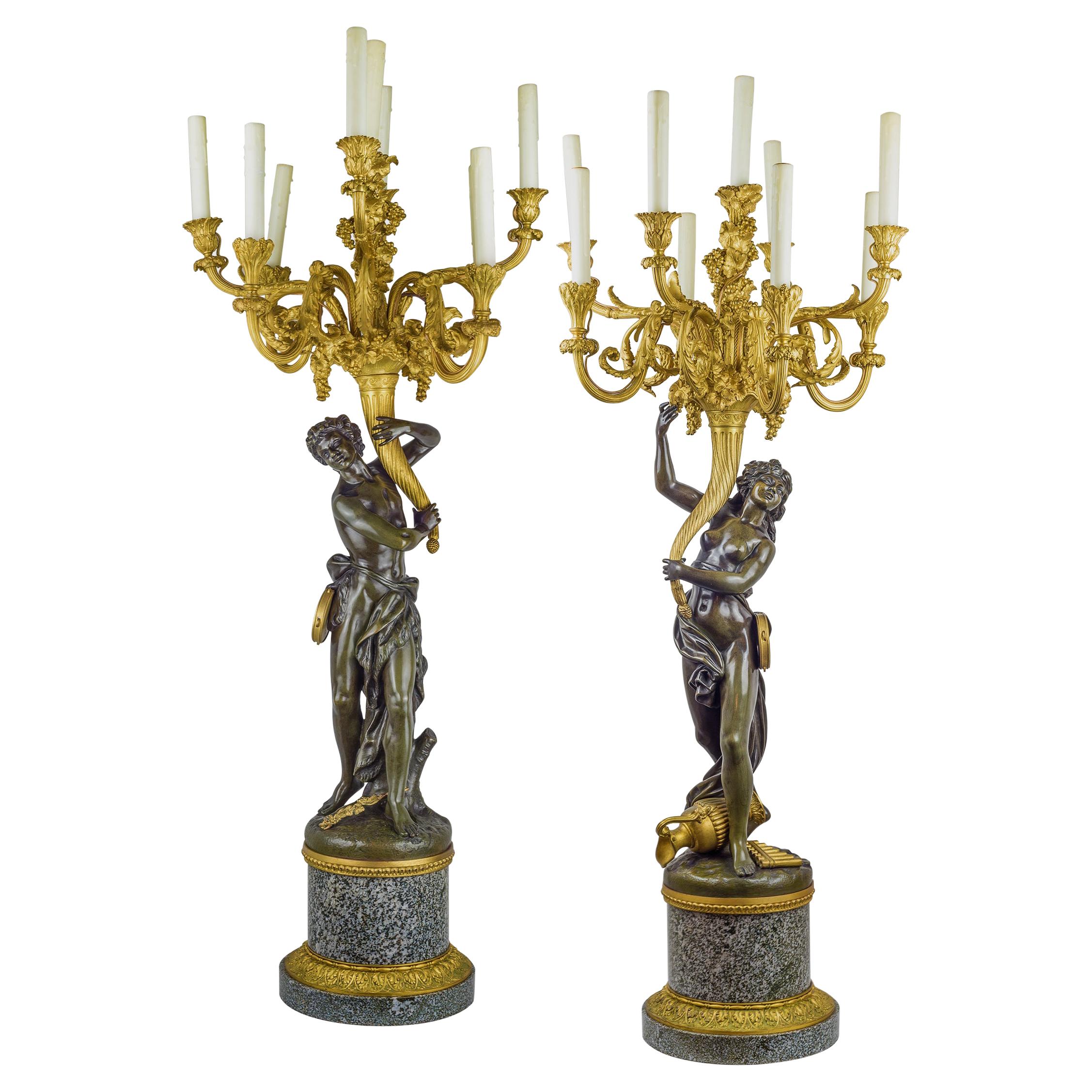  Important Pair of Monumental Ormolu and Patinated Bronze Nine-Light Candelabra