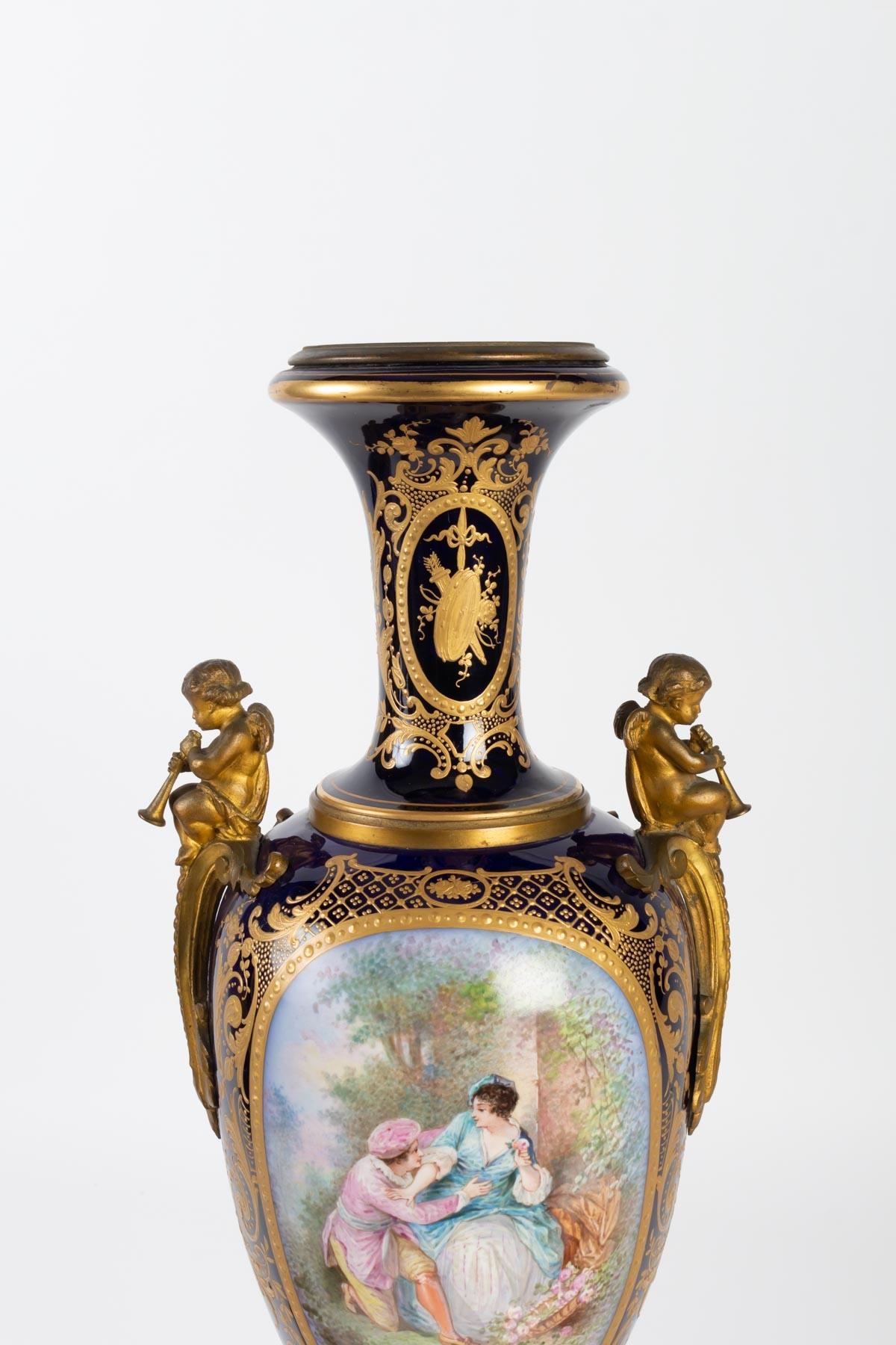 French Important Pair of Napoleon III Blue Sèvres Vases, 19th Century