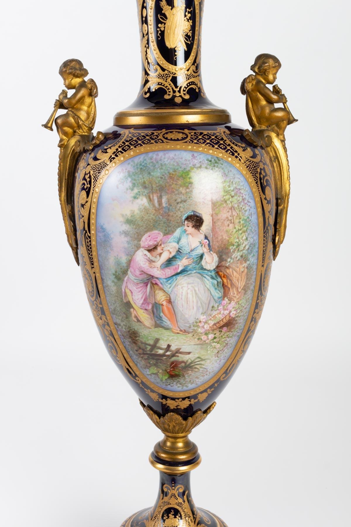 Gilt Important Pair of Napoleon III Blue Sèvres Vases, 19th Century