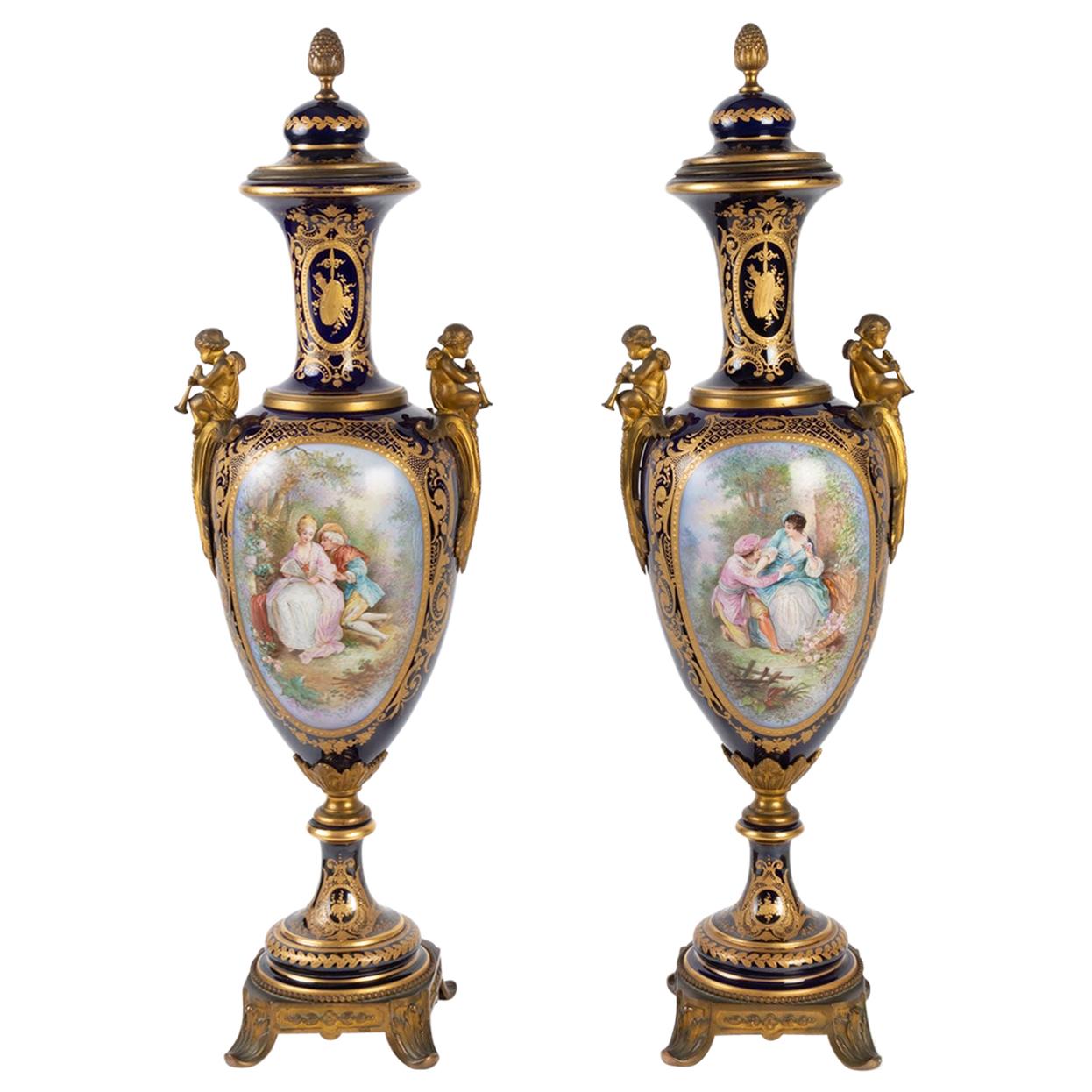 Important Pair of Napoleon III Blue Sèvres Vases, 19th Century