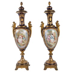 Important Pair of Napoleon III Blue Sèvres Vases, 19th Century