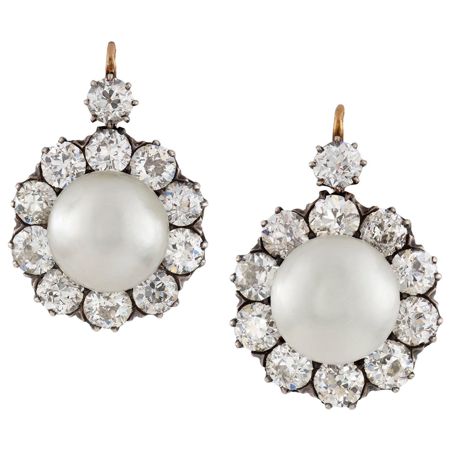 Important Pair of Natural Pearl and Diamond Earrings
