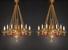 Important Pair of Gilded Bronze Oriental Style Chandeliers, France, Circa 1910