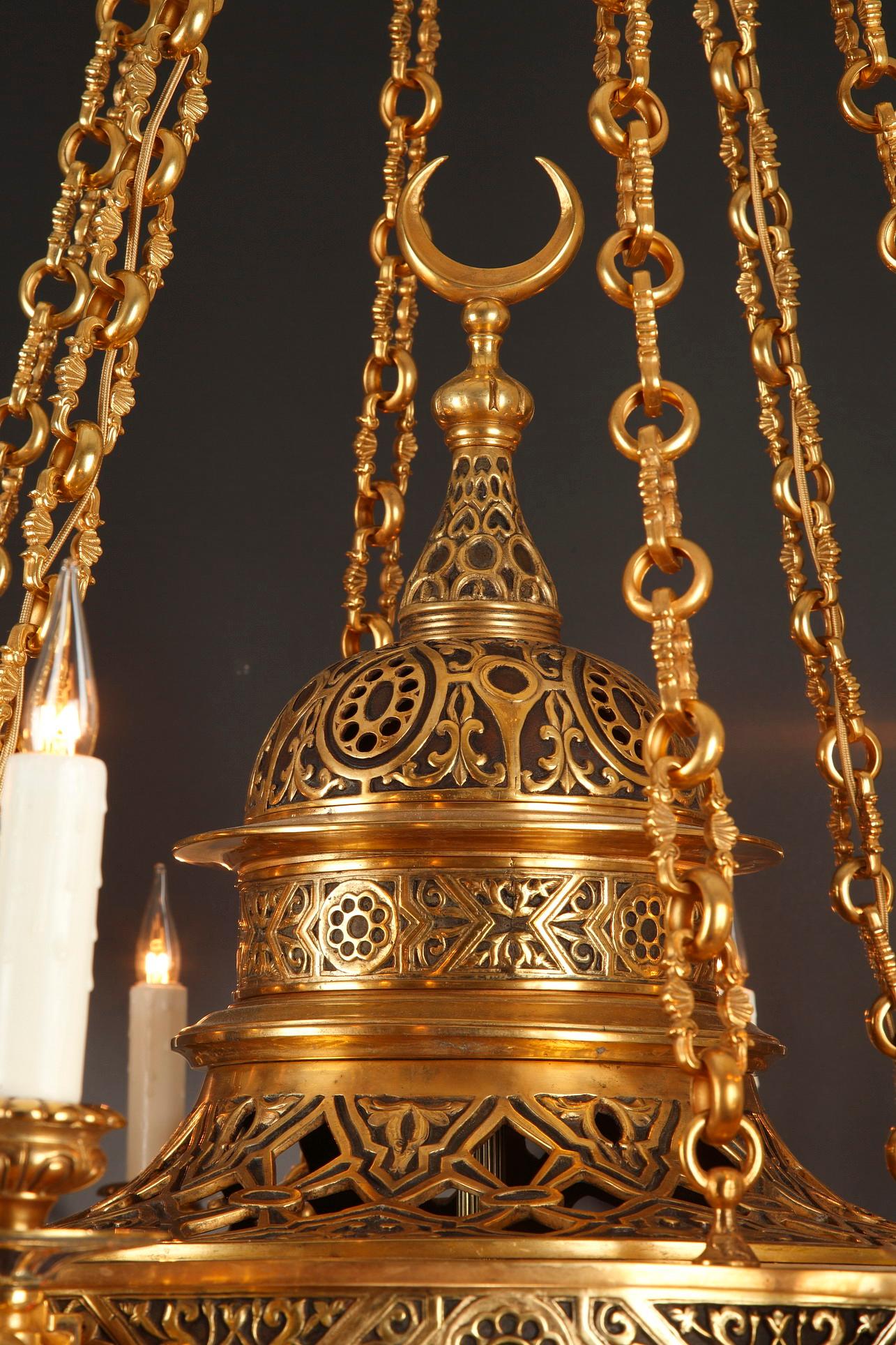 French Important Pair of Gilded Bronze Oriental Style Chandeliers, France, Circa 1910 For Sale